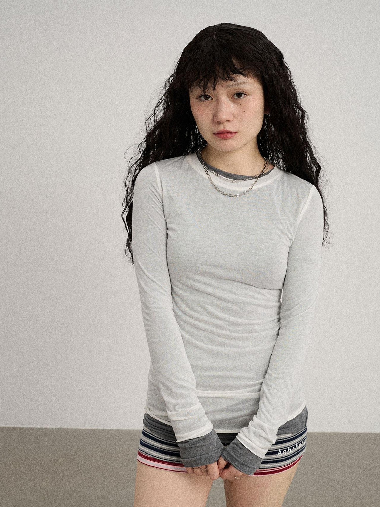 Achihara Smoothie Ice Knit Tee V Neck T Shirt Long Sleeve