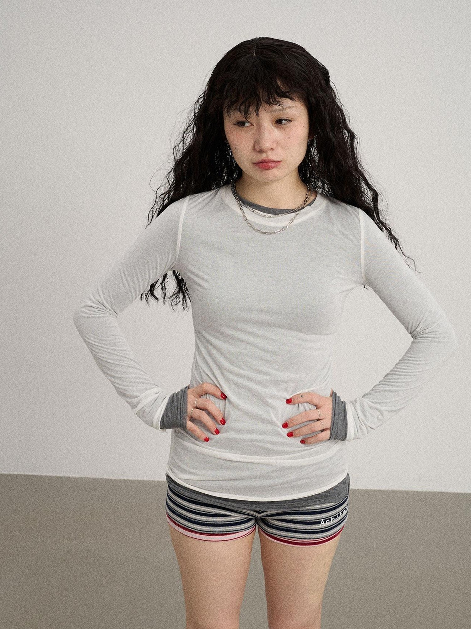 Achihara Smoothie Ice Knit Tee V Neck T Shirt Long Sleeve