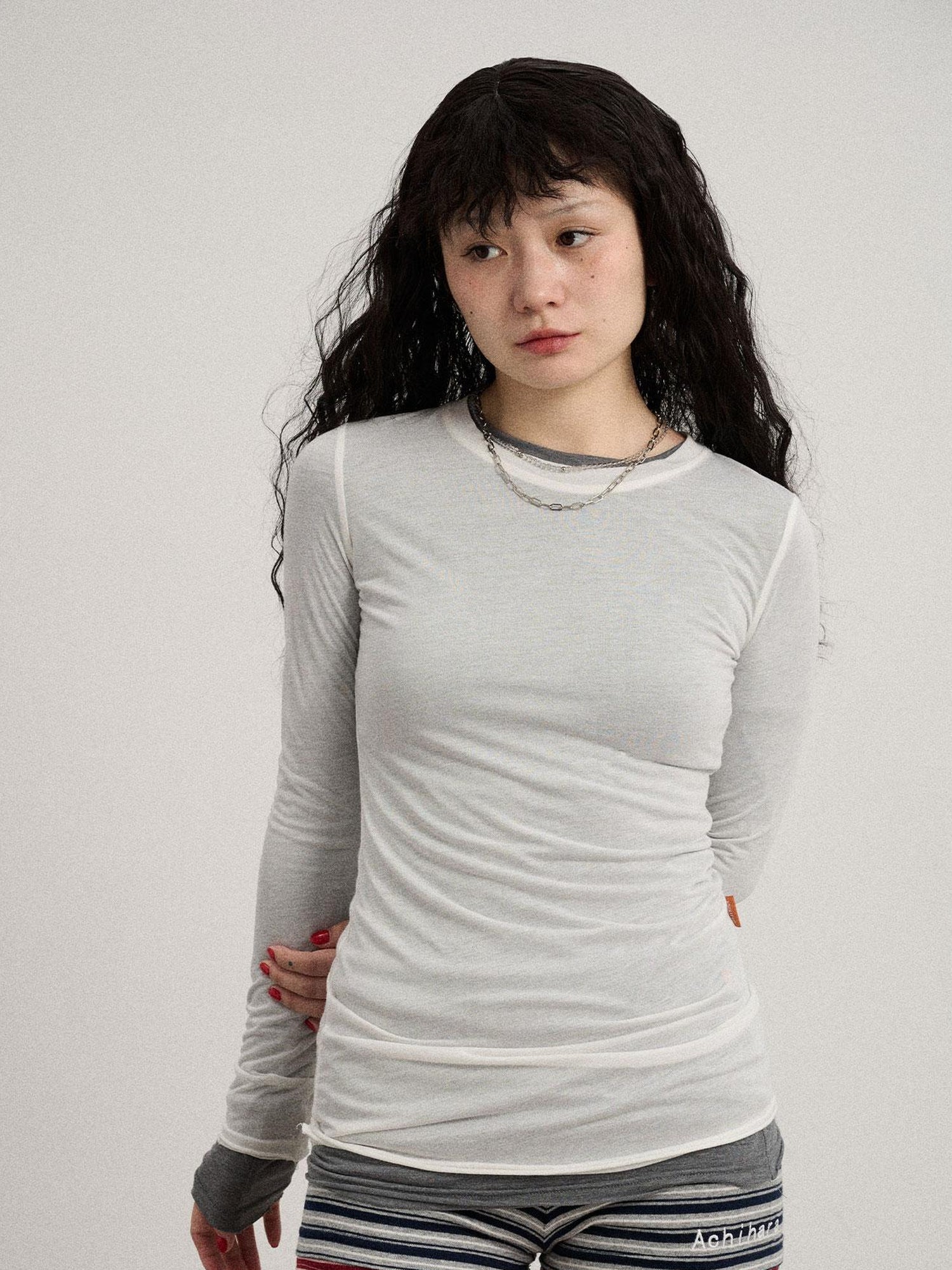Achihara Smoothie Ice Knit Tee V Neck T Shirt Long Sleeve