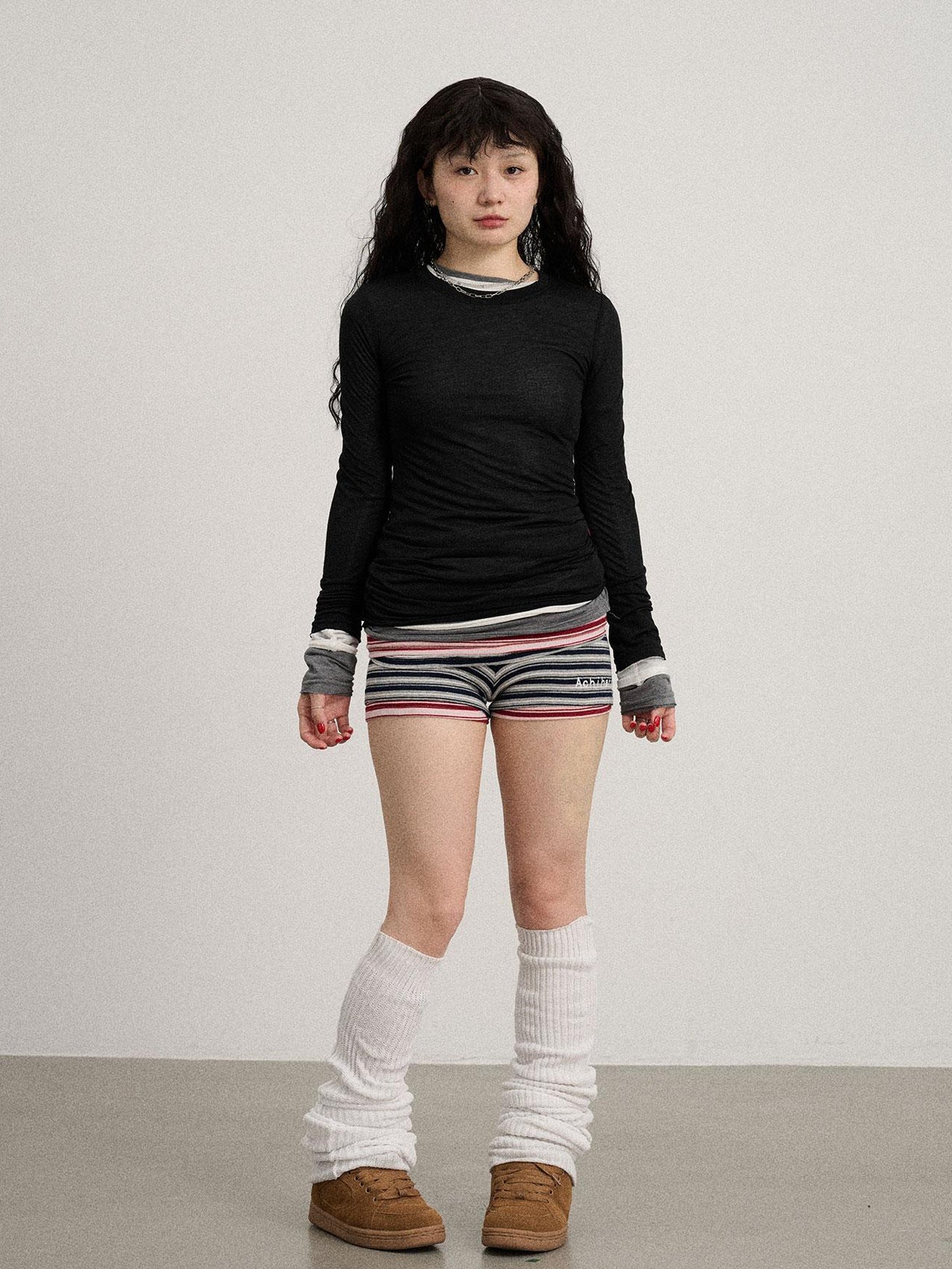 Achihara Smoothie Ice Knit Tee V Neck T Shirt Long Sleeve