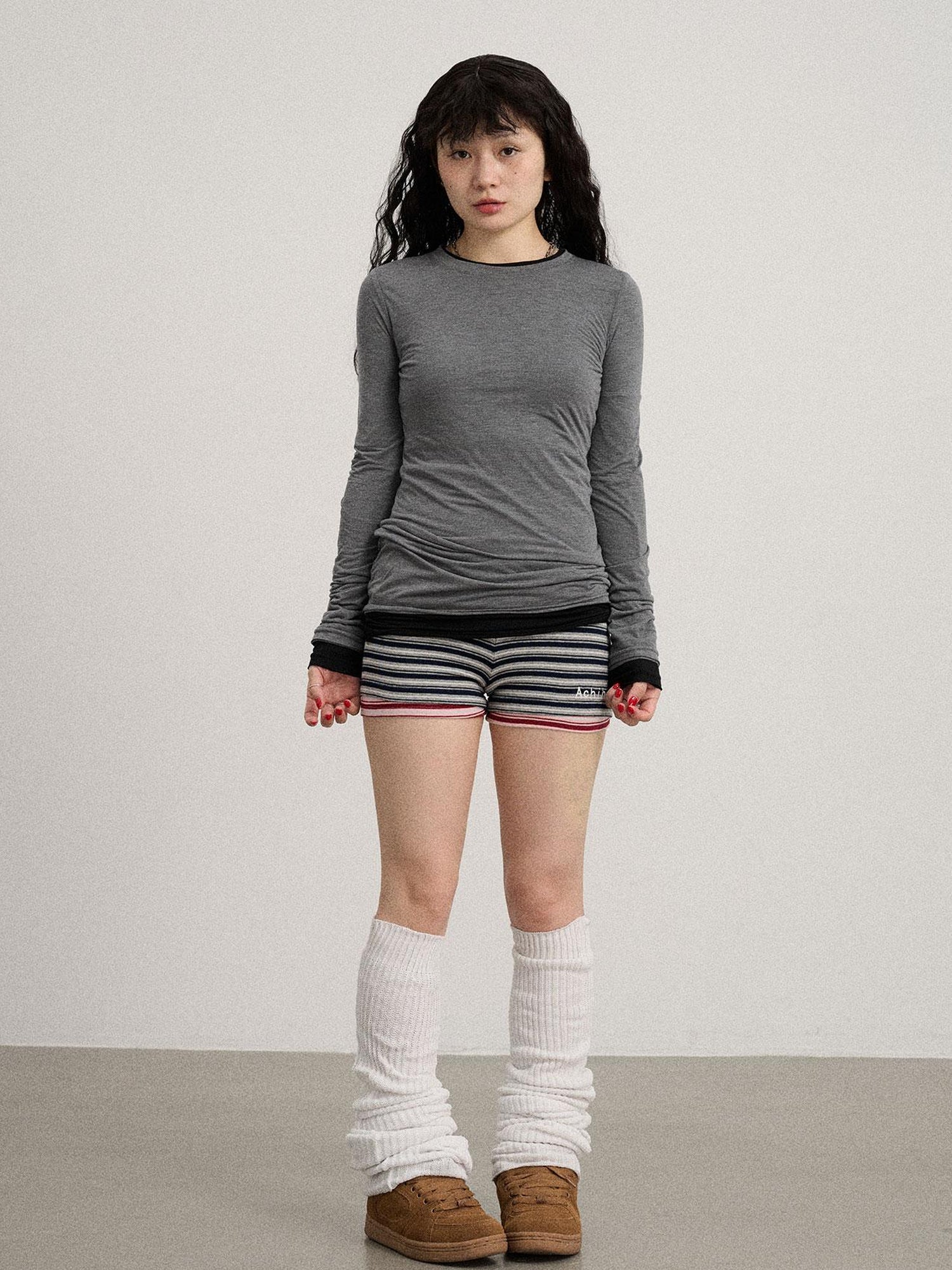 Achihara Smoothie Ice Knit Tee V Neck T Shirt Long Sleeve