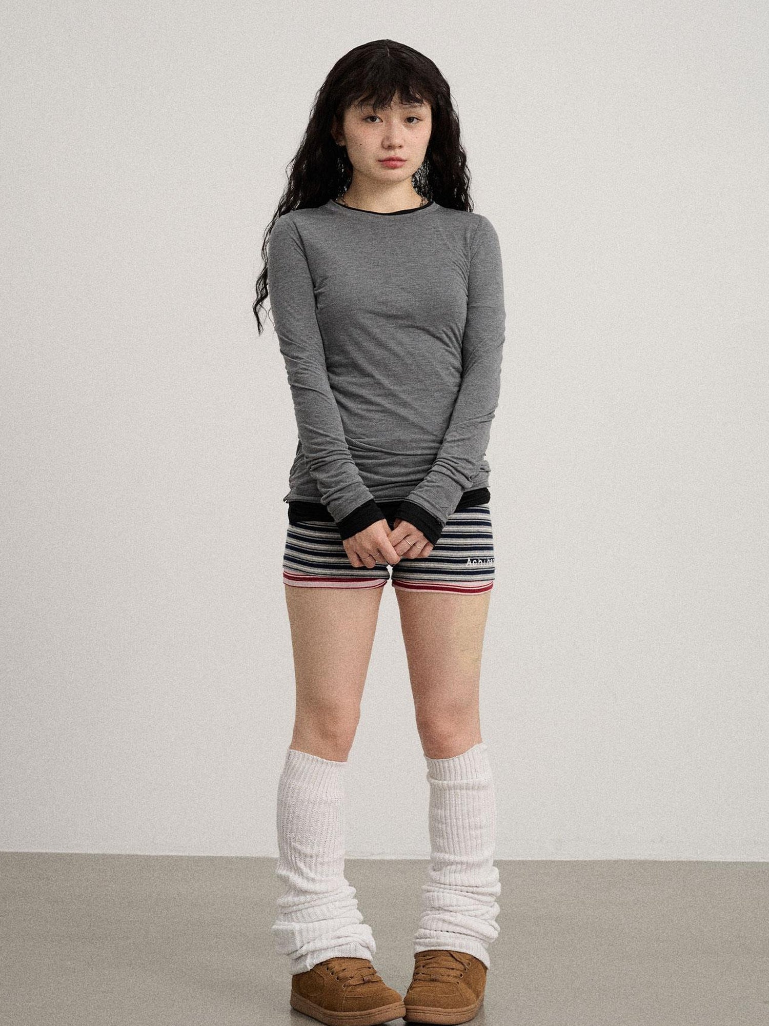 Achihara Smoothie Ice Knit Tee V Neck T Shirt Long Sleeve