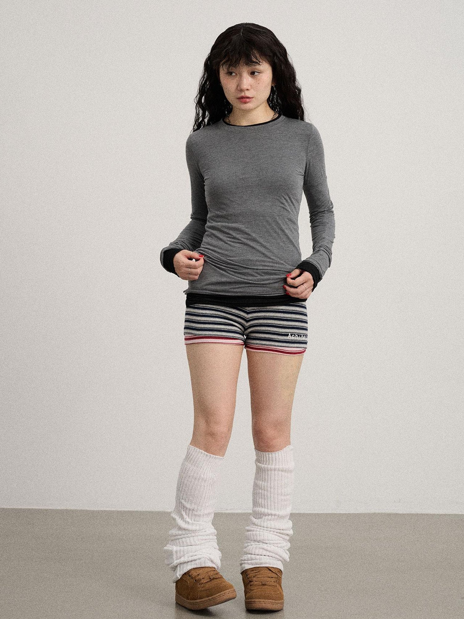 Achihara Smoothie Ice Knit Tee V Neck T Shirt Long Sleeve