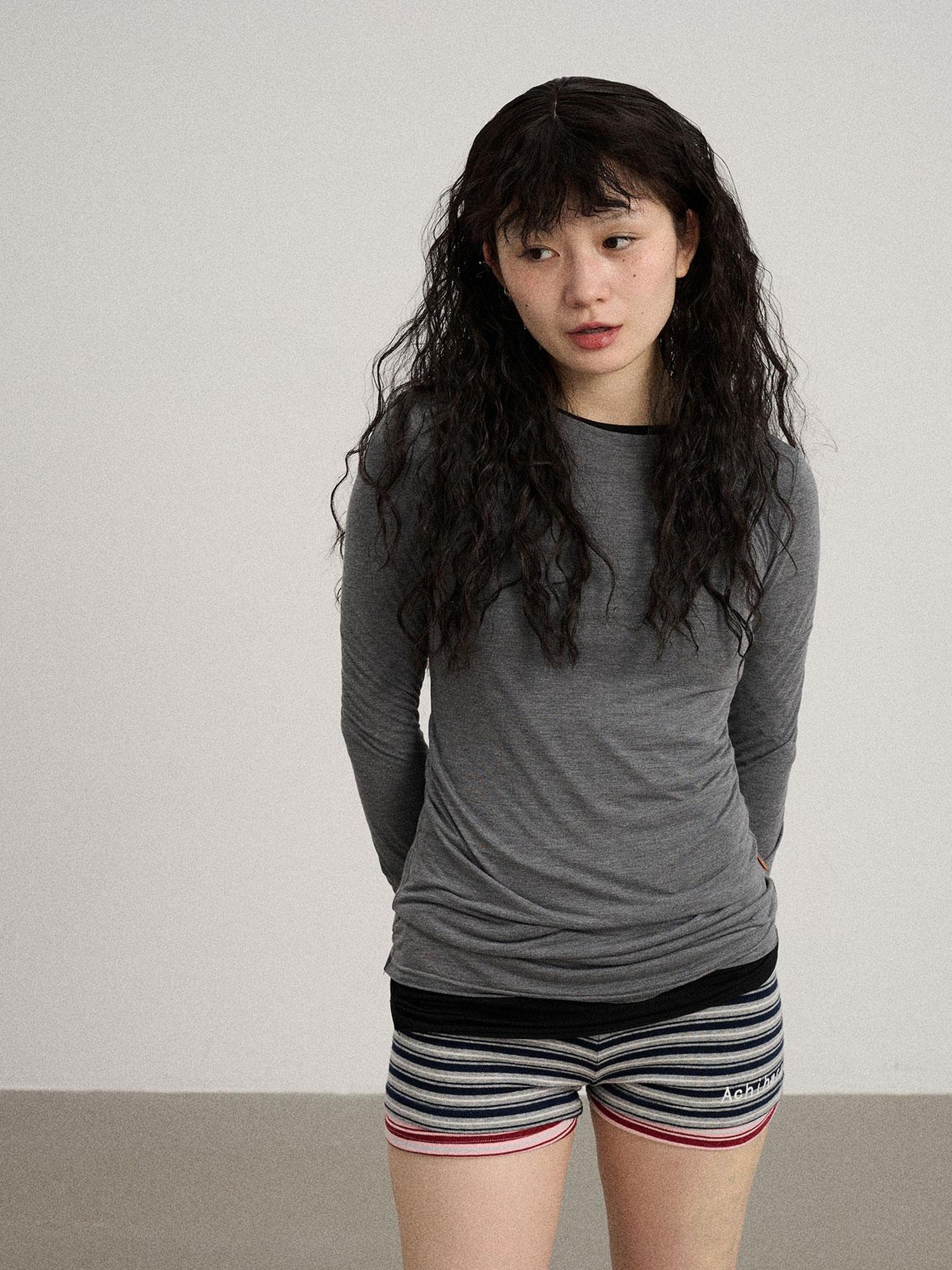 Achihara Smoothie Ice Knit Tee V Neck T Shirt Long Sleeve