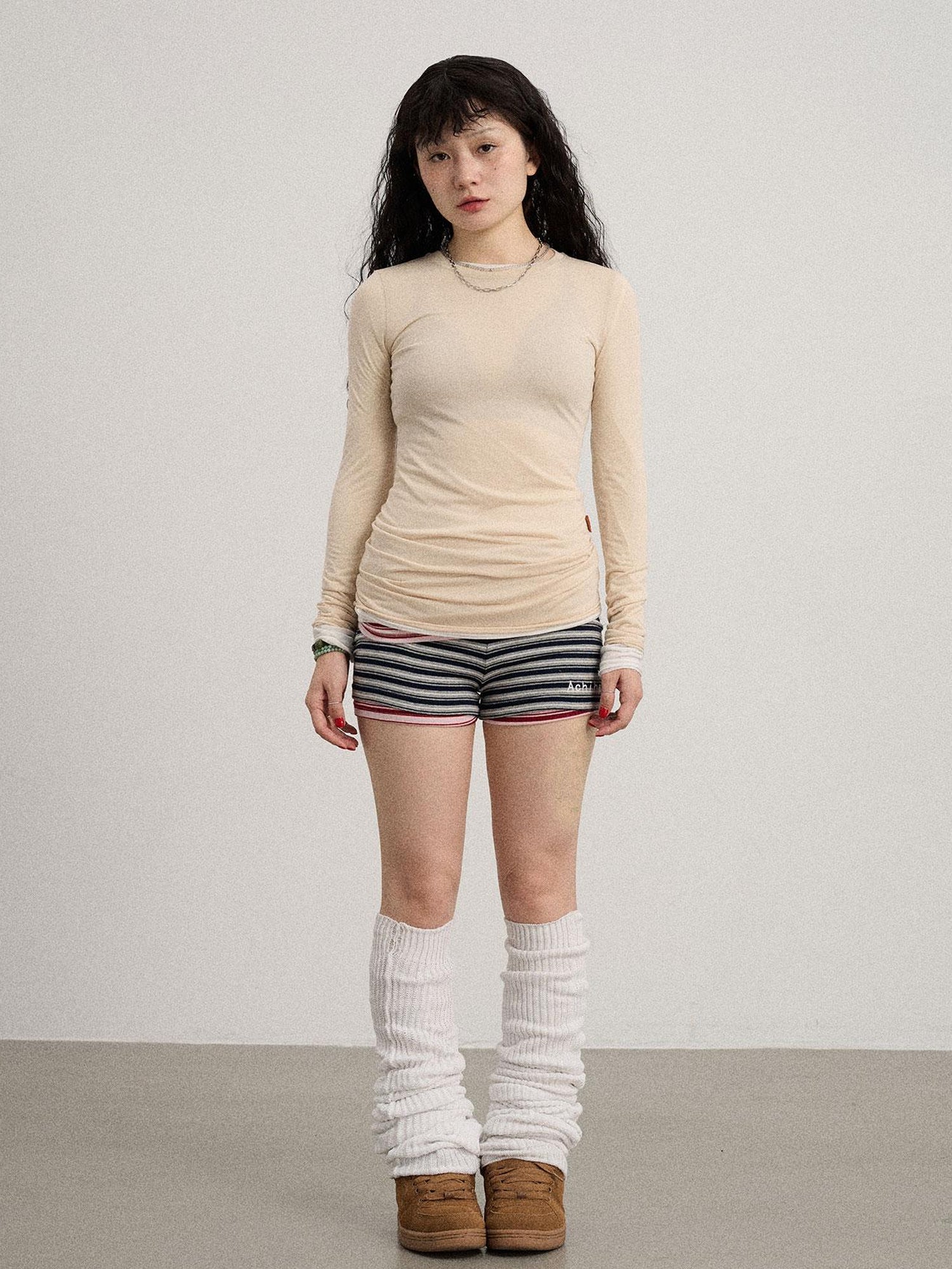 Achihara Smoothie Ice Knit Tee V Neck T Shirt Long Sleeve