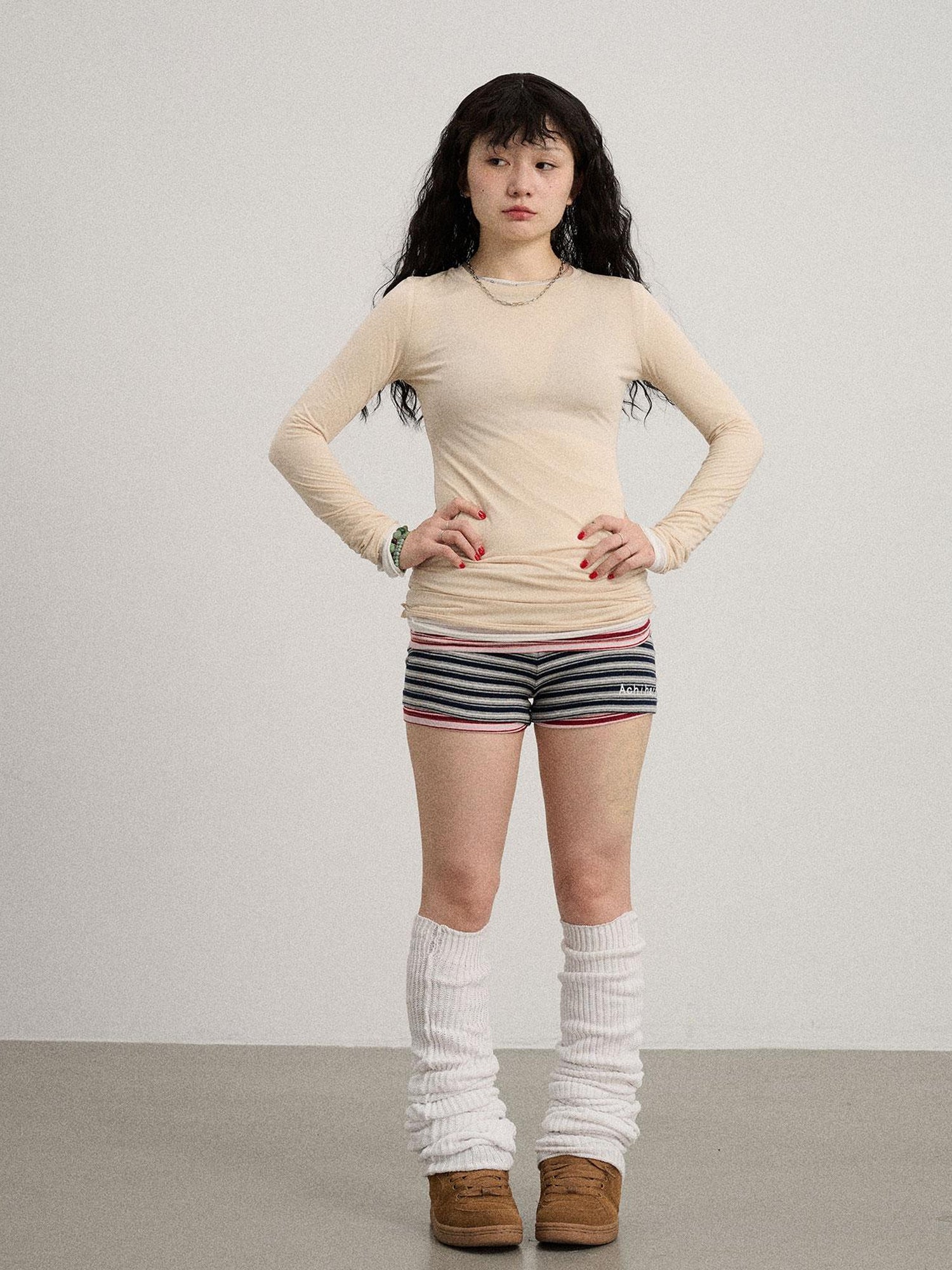 Achihara Smoothie Ice Knit Tee V Neck T Shirt Long Sleeve