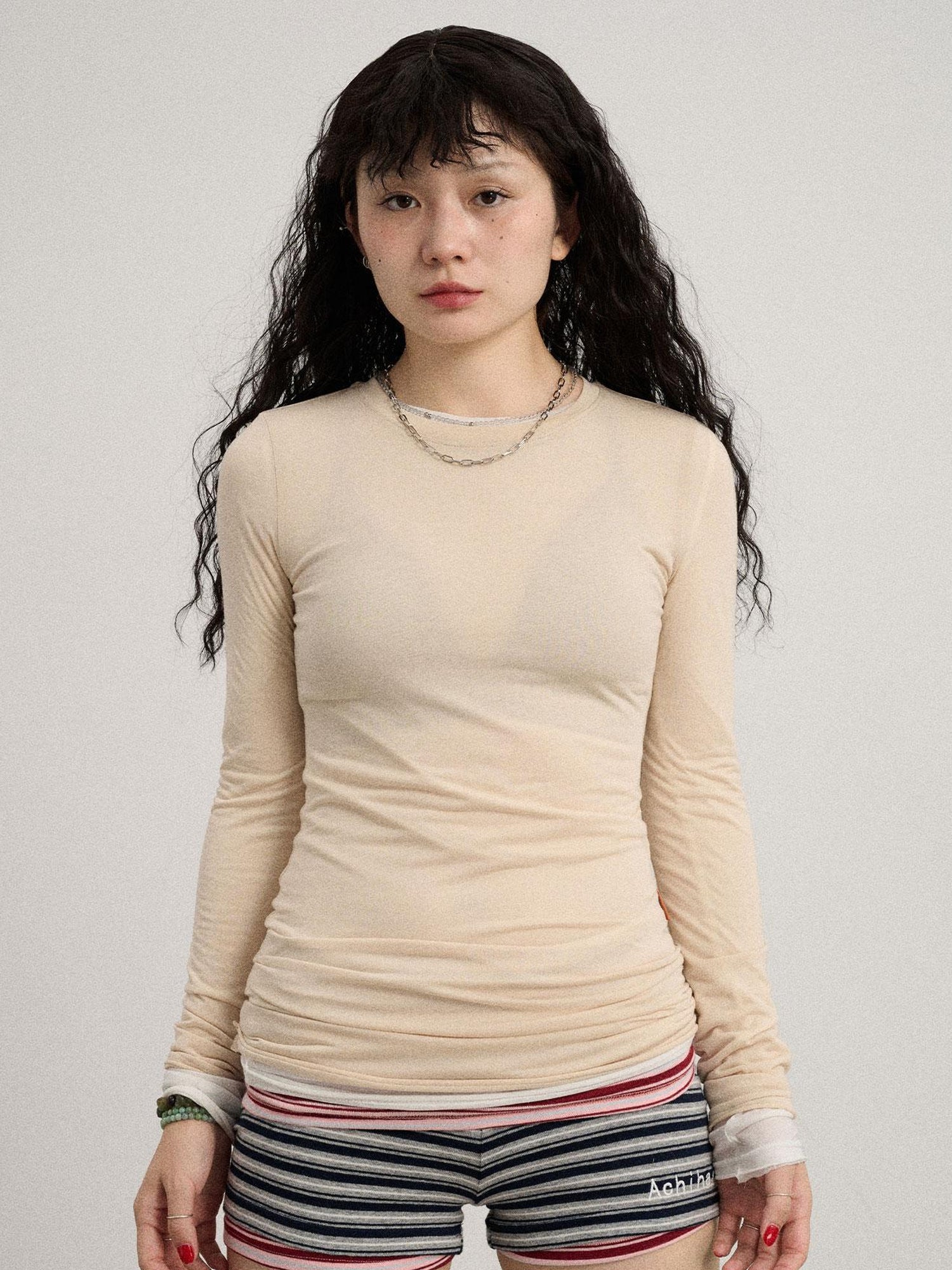 Achihara Smoothie Ice Knit Tee V Neck T Shirt Long Sleeve
