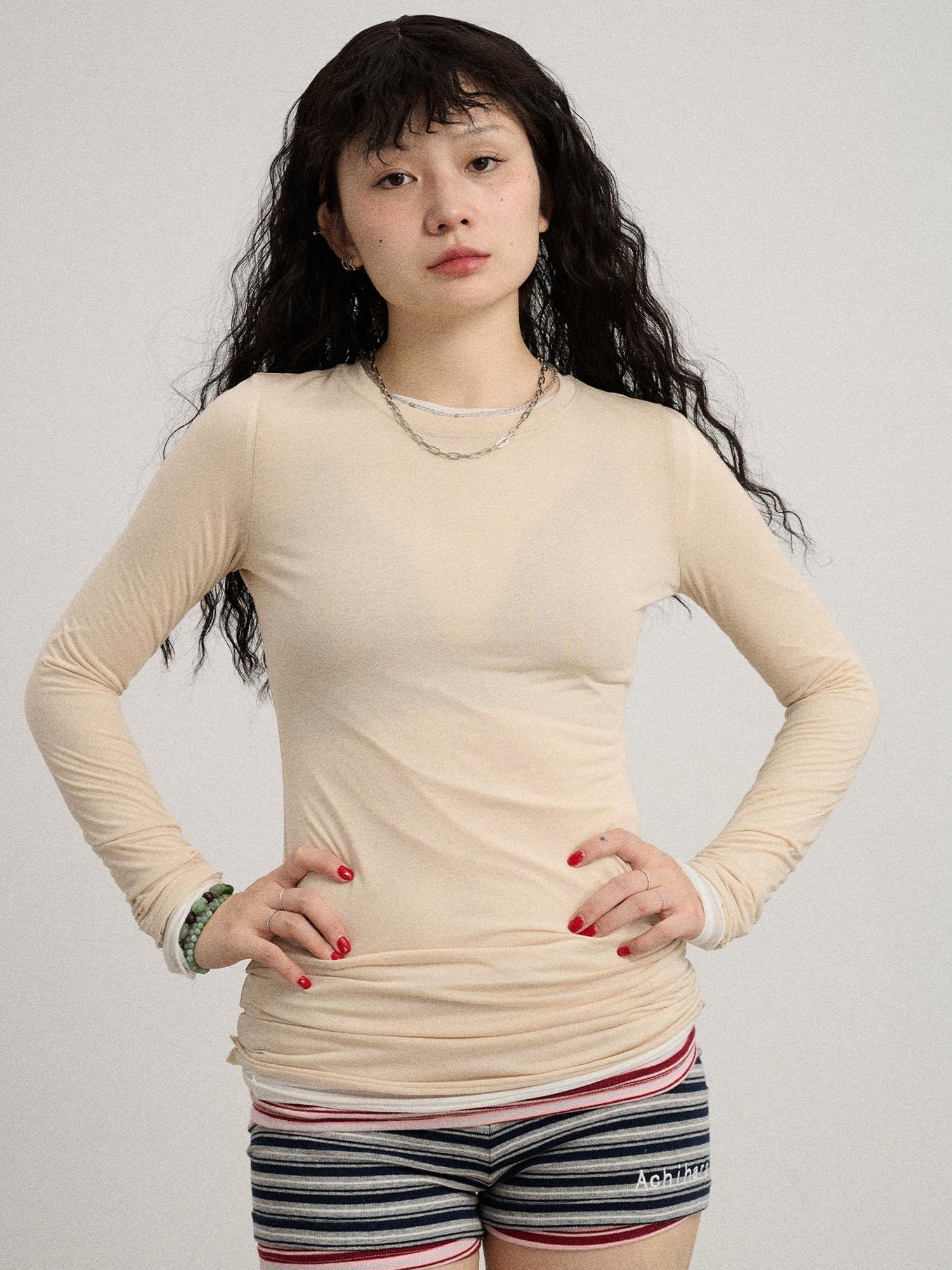 Achihara Smoothie Ice Knit Tee V Neck T Shirt Long Sleeve