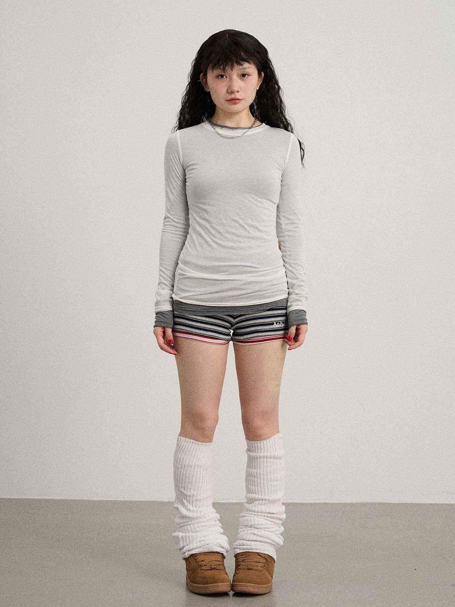Achihara Smoothie Ice Knit Tee V Neck T Shirt Long Sleeve