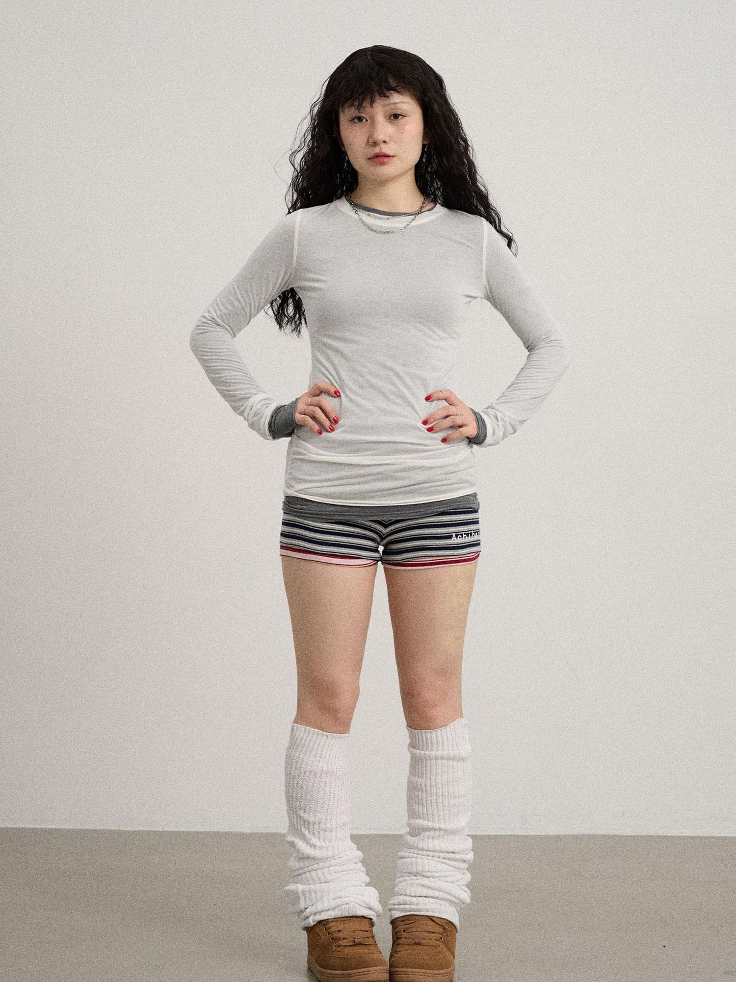 Achihara Smoothie Ice Knit Tee V Neck T Shirt Long Sleeve
