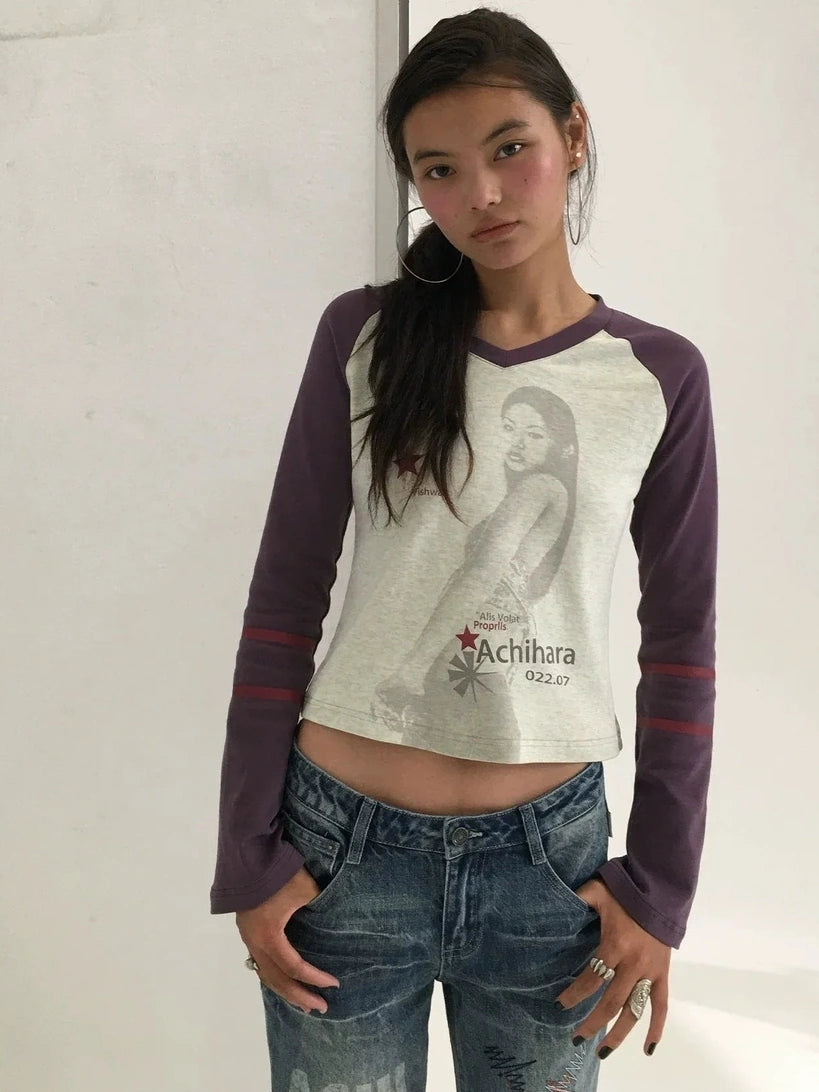 Achihara Soft Cotton Linen Stretch Straight Fit Long Sleeve Women Colorblock T-Shirt