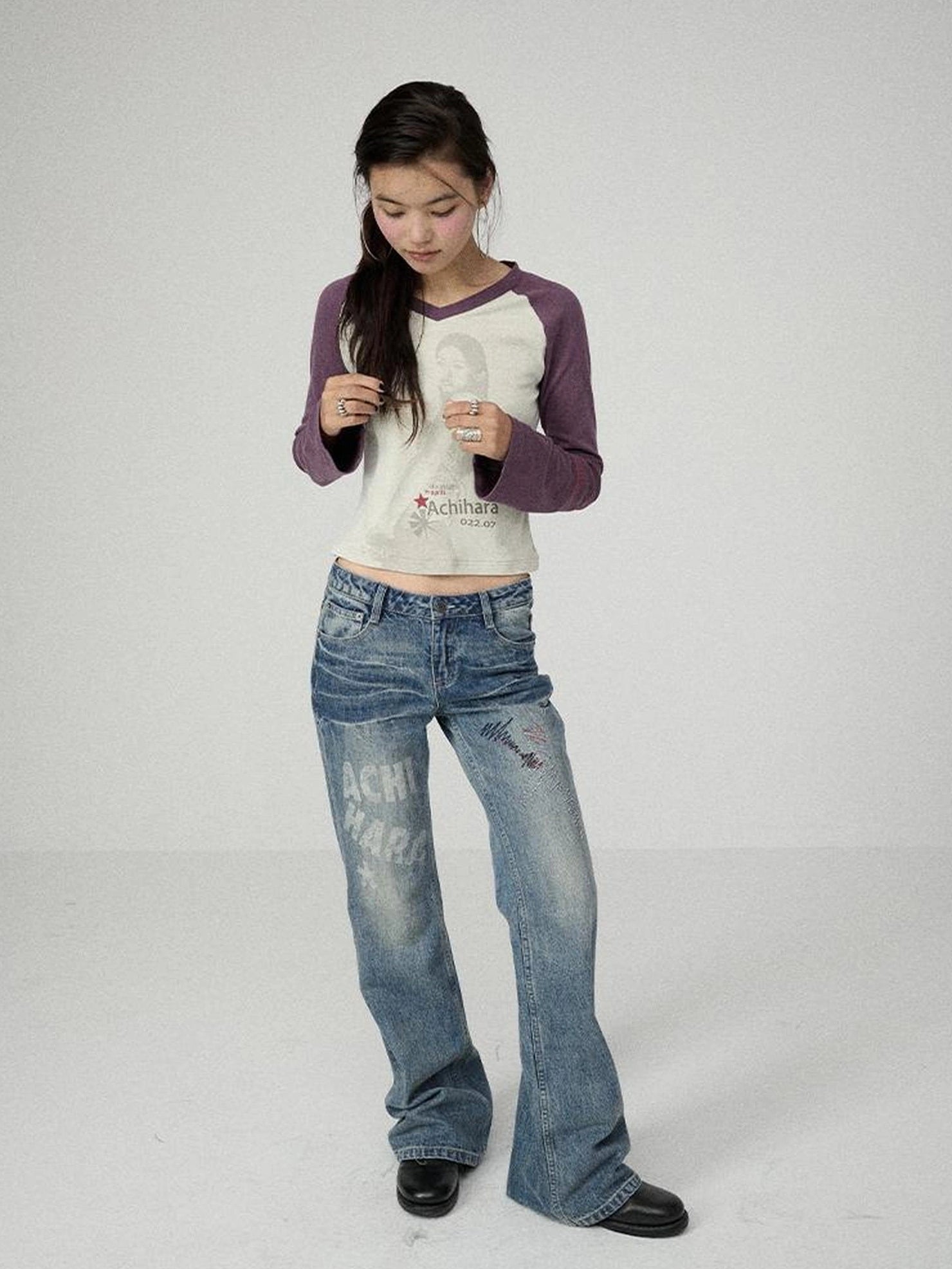 Achihara Soft Cotton Linen Stretch Straight Fit Long Sleeve Women Colorblock T-Shirt