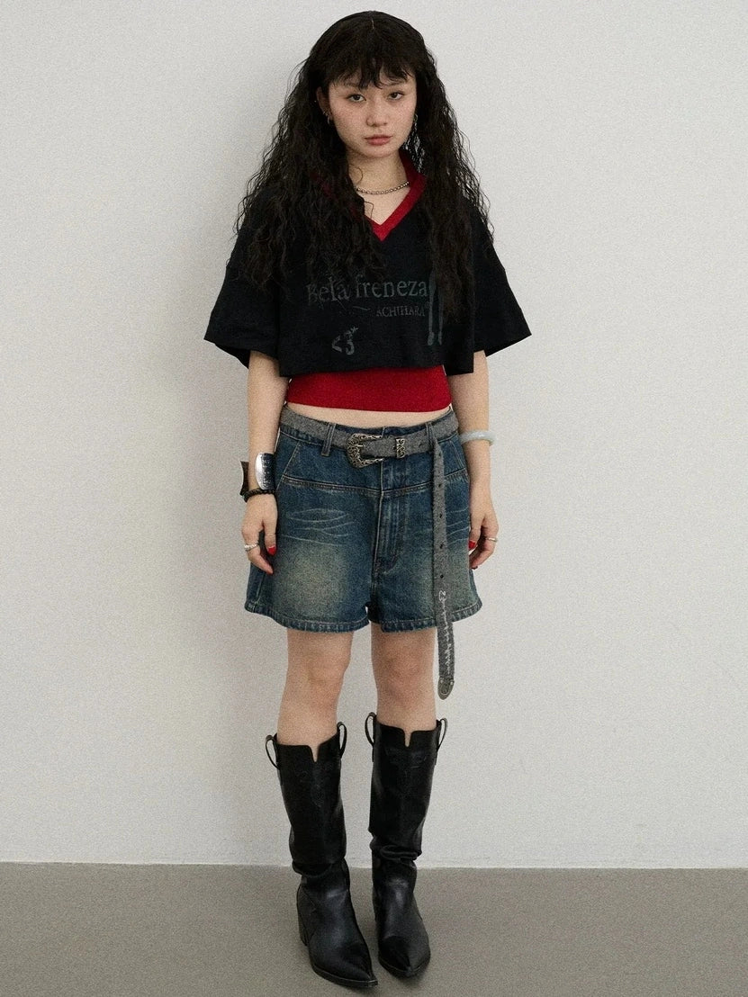 Achihara Soft Cotton Spandex Cropped V Neck Short Sleeve Women Office Black White T-Shirt