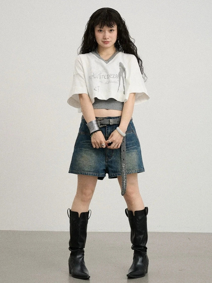 Achihara Soft Cotton Spandex Cropped V Neck Short Sleeve Women Office Black White T-Shirt