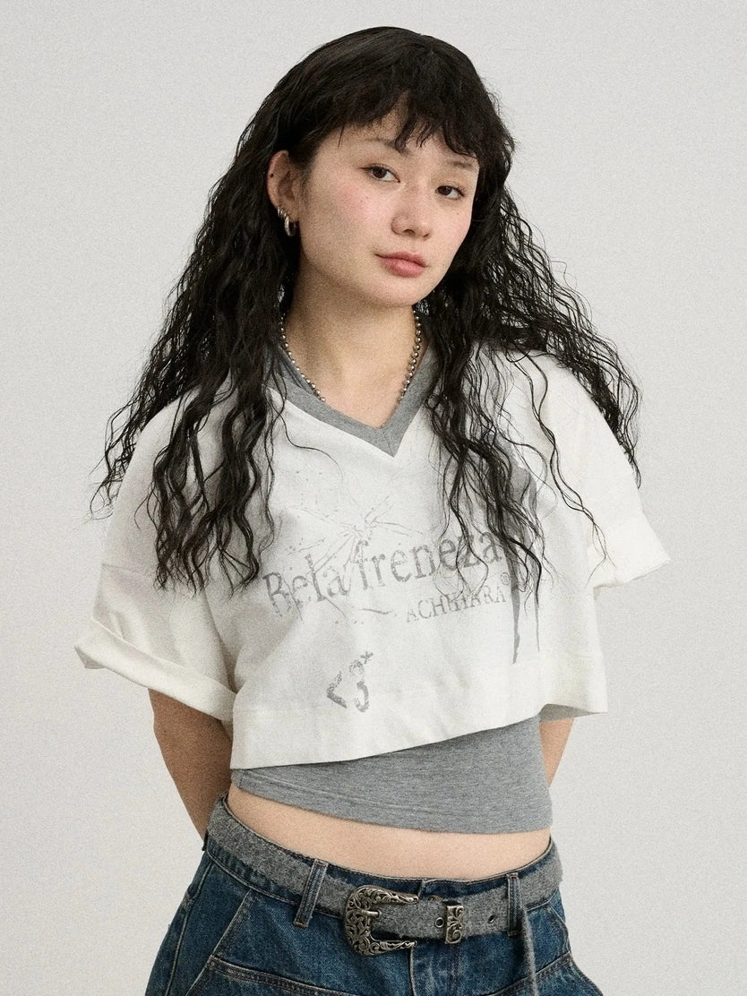 Achihara Soft Cotton Spandex Cropped V Neck Short Sleeve Women Office Black White T-Shirt