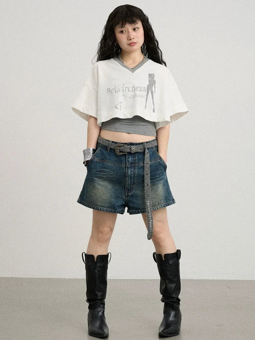 Achihara Soft Cotton Spandex Cropped V Neck Short Sleeve Women Office Black White T-Shirt