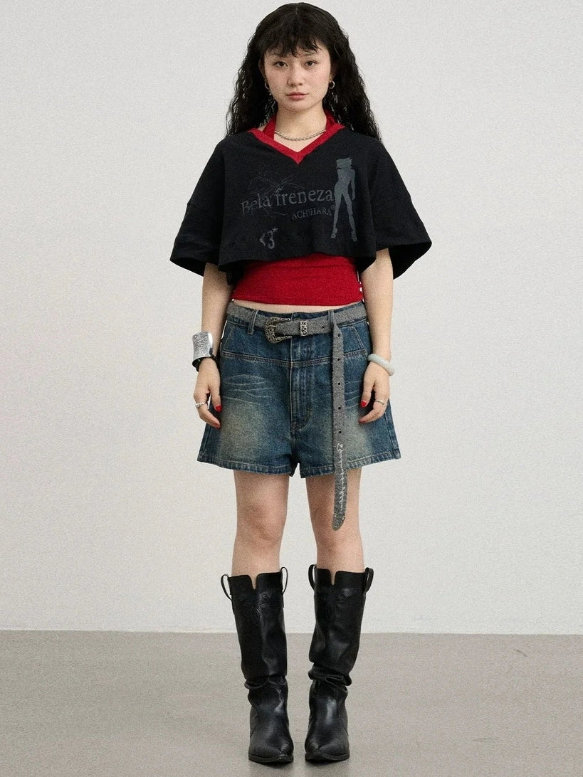 Achihara Soft Cotton Spandex Cropped V Neck Short Sleeve Women Office Black White T-Shirt