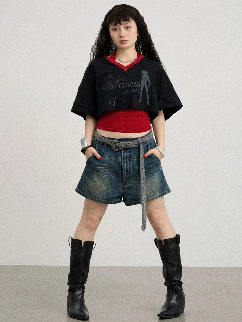 Achihara Soft Cotton Spandex Cropped V Neck Short Sleeve Women Office Black White T-Shirt