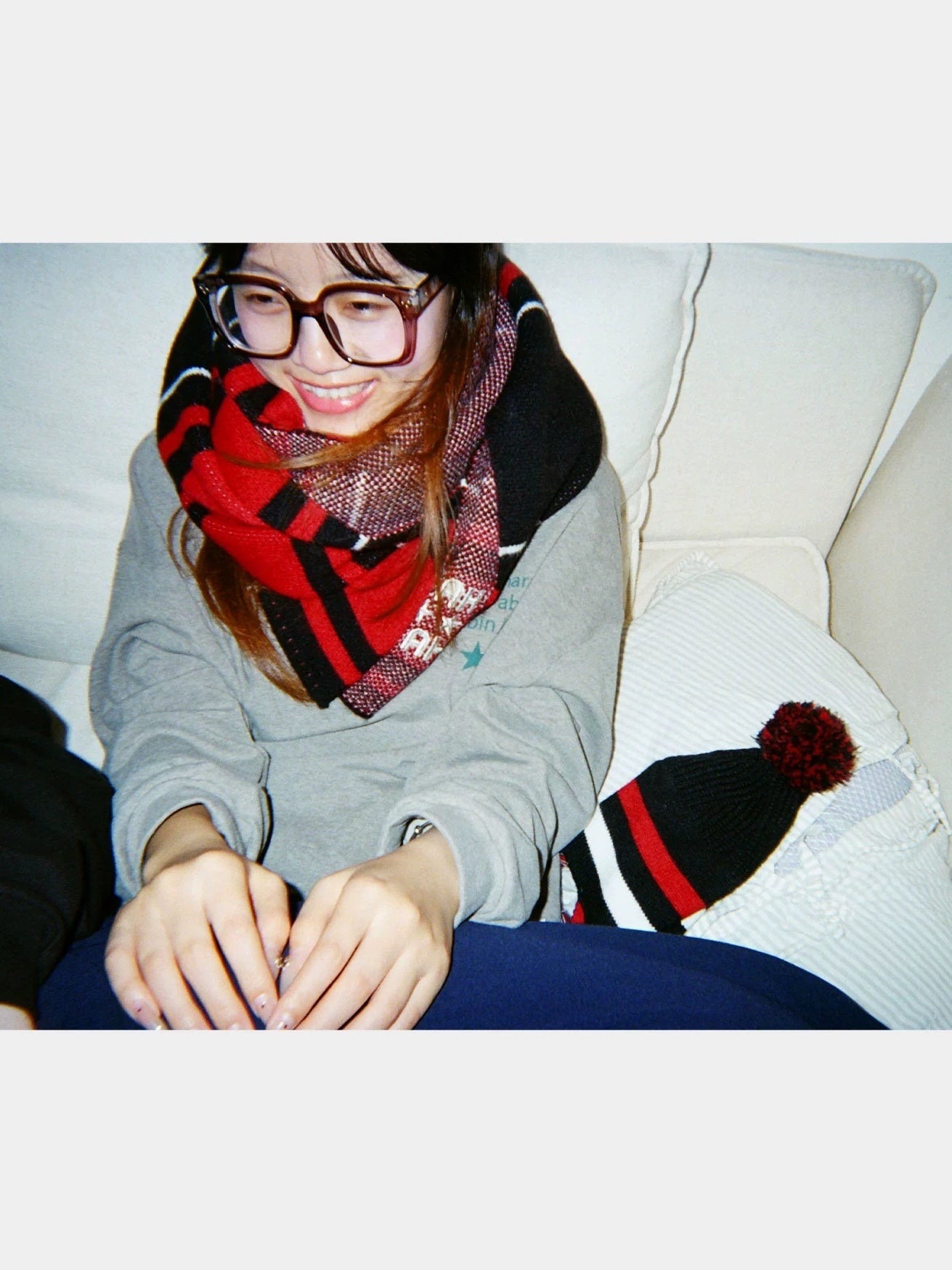 Achihara Soft Cozy Acrylic Korean Style Rectangular Unisex Red Black Plaid Scarf