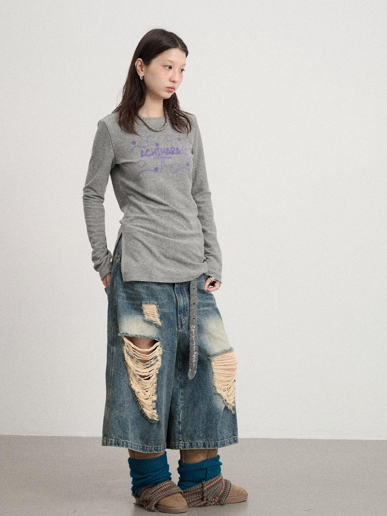 Achihara Soft Cozy Long Sleeve Tee With Split Hem
