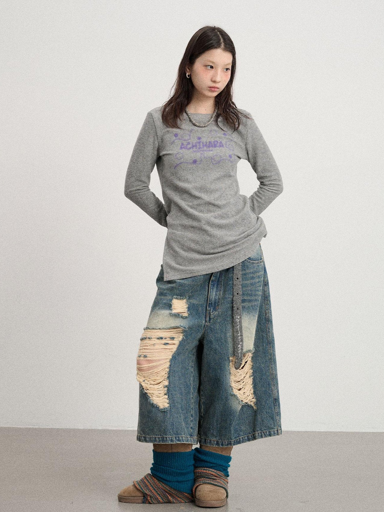 Achihara Soft Cozy Long Sleeve Tee With Split Hem
