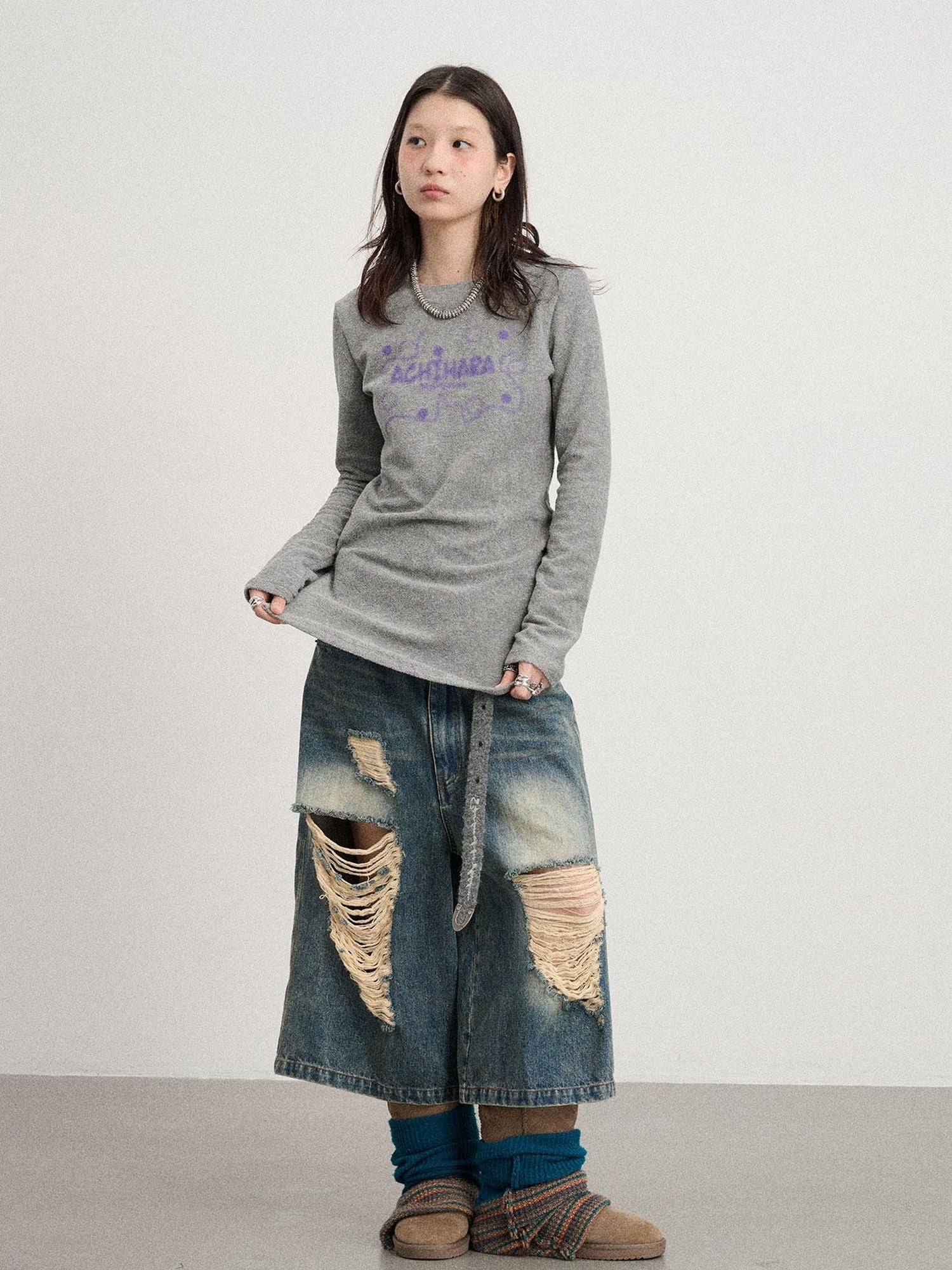 Achihara Soft Cozy Long Sleeve Tee With Split Hem