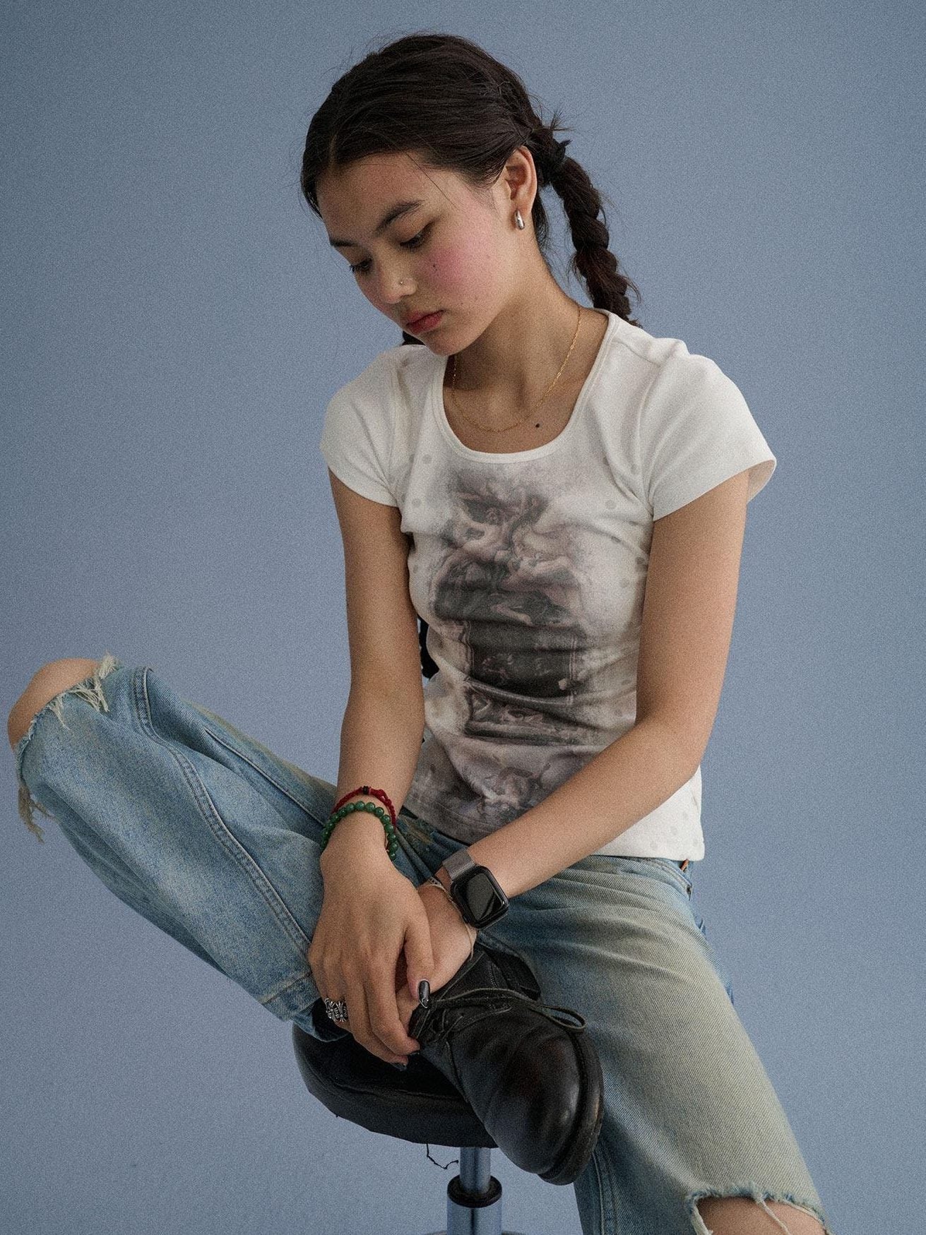 Achihara Soft Stretch Cotton Straight Fit Women Character White Short Sleeve T-Shirts