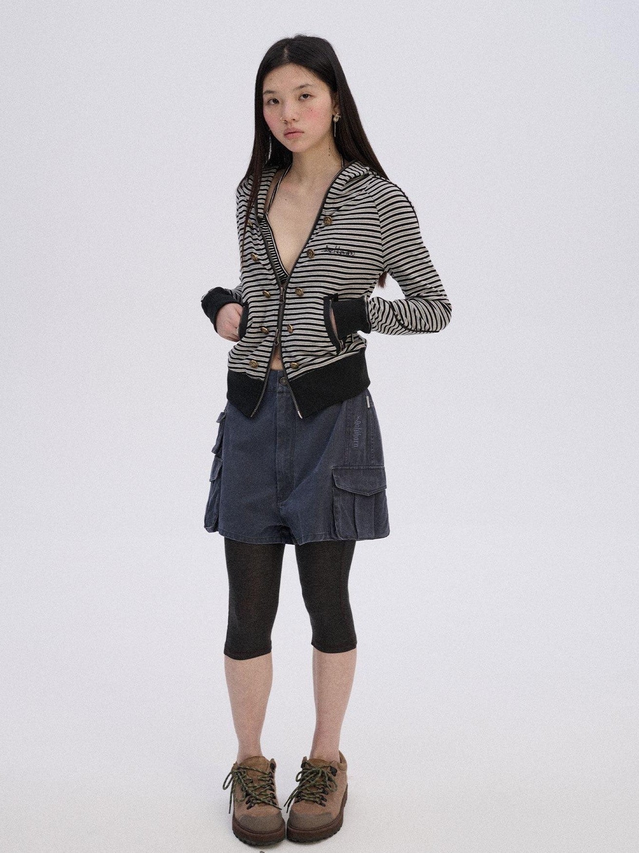 Achihara Soft Stretch Cotton Striped Cropped Hooded Zip Up Straight Fit Women Hoodies