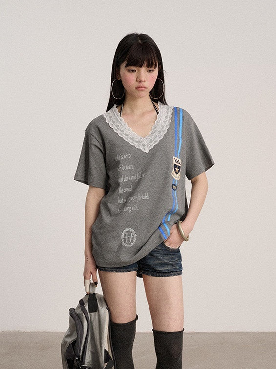 Achihara Soft Stretch Cotton V-neck Letter Print Loose Fit Office Short Sleeve T-Shirts