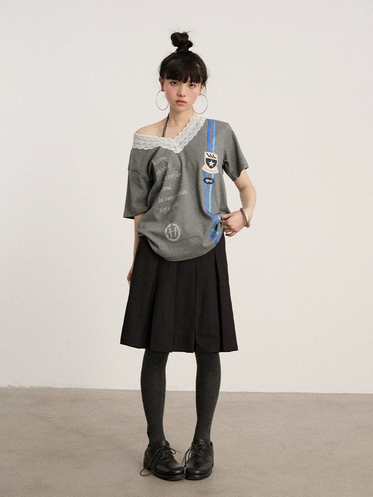 Achihara Soft Stretch Cotton V-neck Letter Print Loose Fit Office Short Sleeve T-Shirts-2