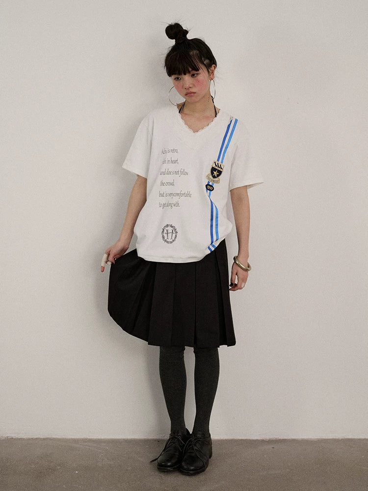 Achihara Soft Stretch Cotton V-neck Letter Print Loose Fit Office Short Sleeve T-Shirts-3
