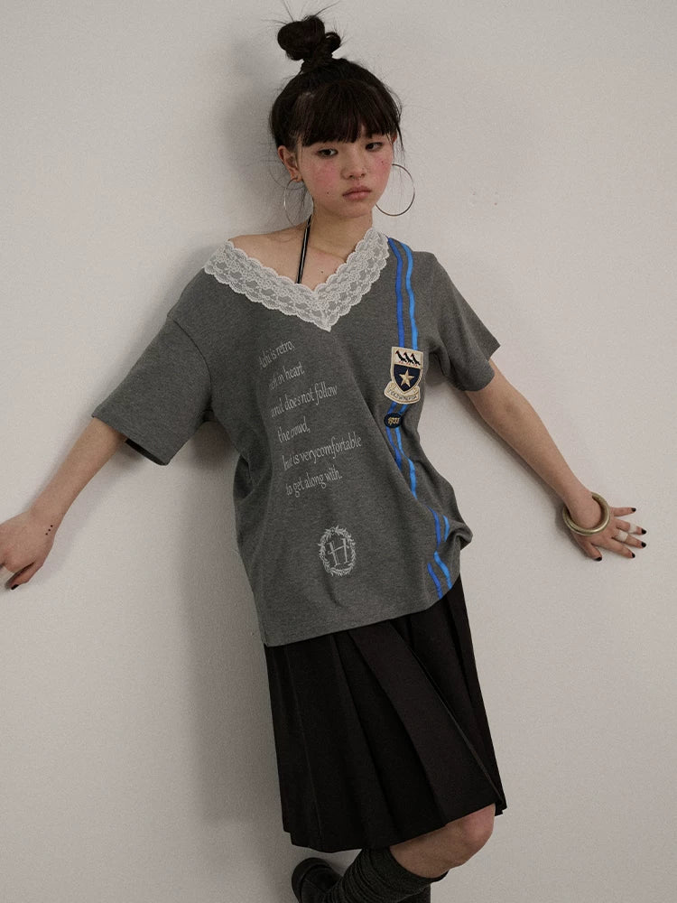 Achihara Soft Stretch Cotton V-neck Letter Print Loose Fit Office Short Sleeve T-Shirts-5