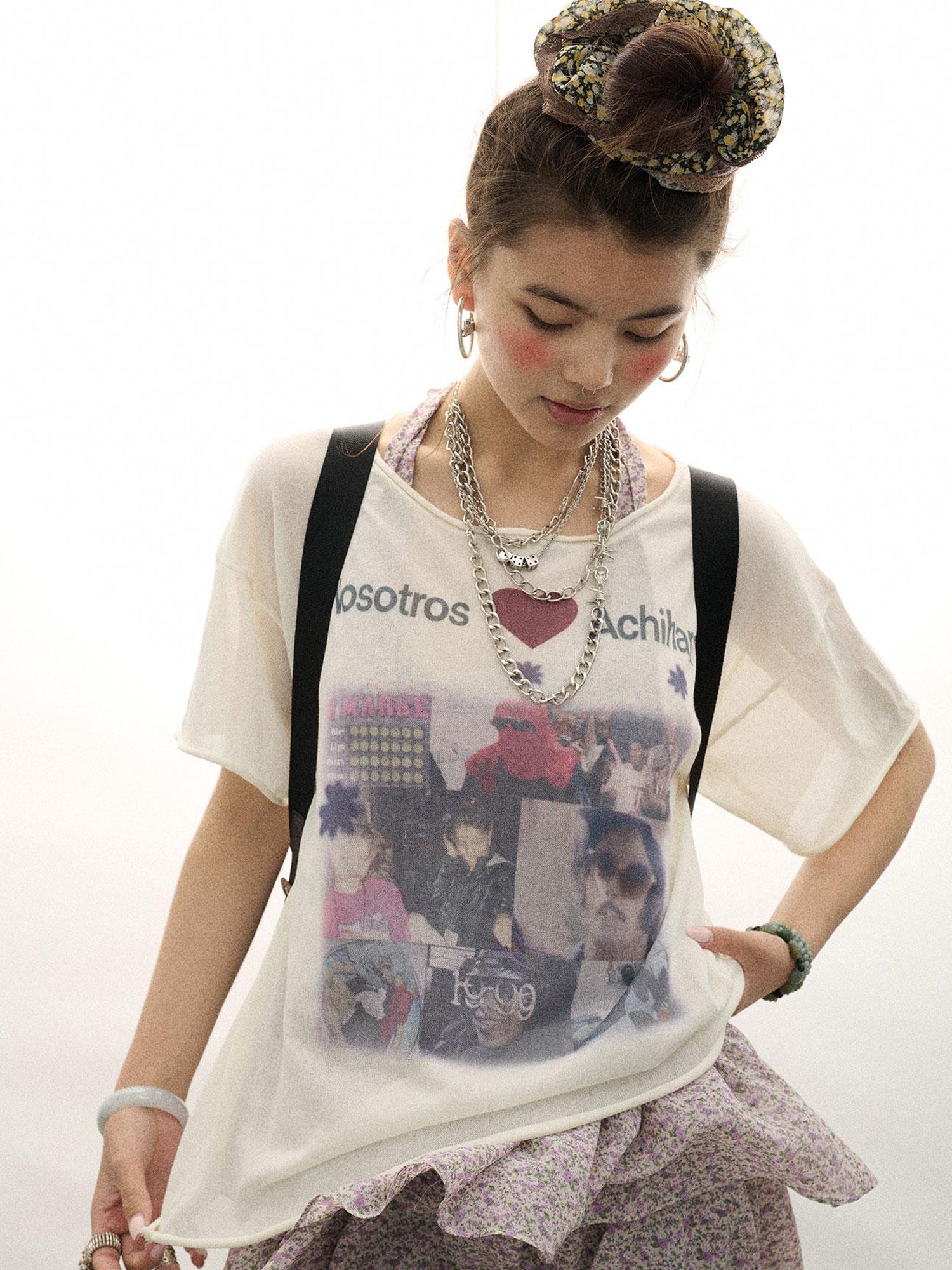 Achihara Spanish Beach Print T Shirt V Neck Long Sleeve