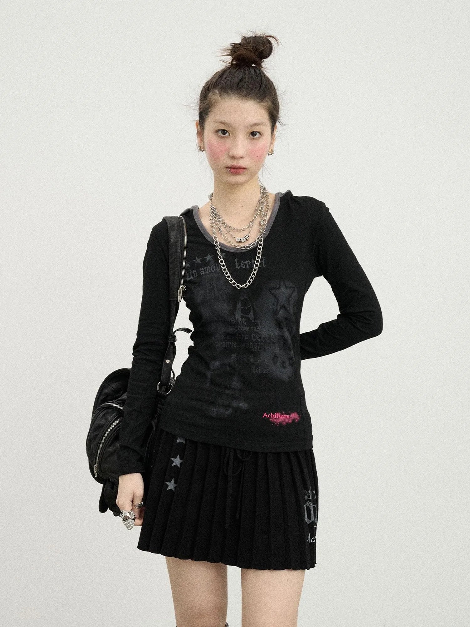 Starry Rain Hooded Tee V-Neck T-Shirt Long-Sleeve