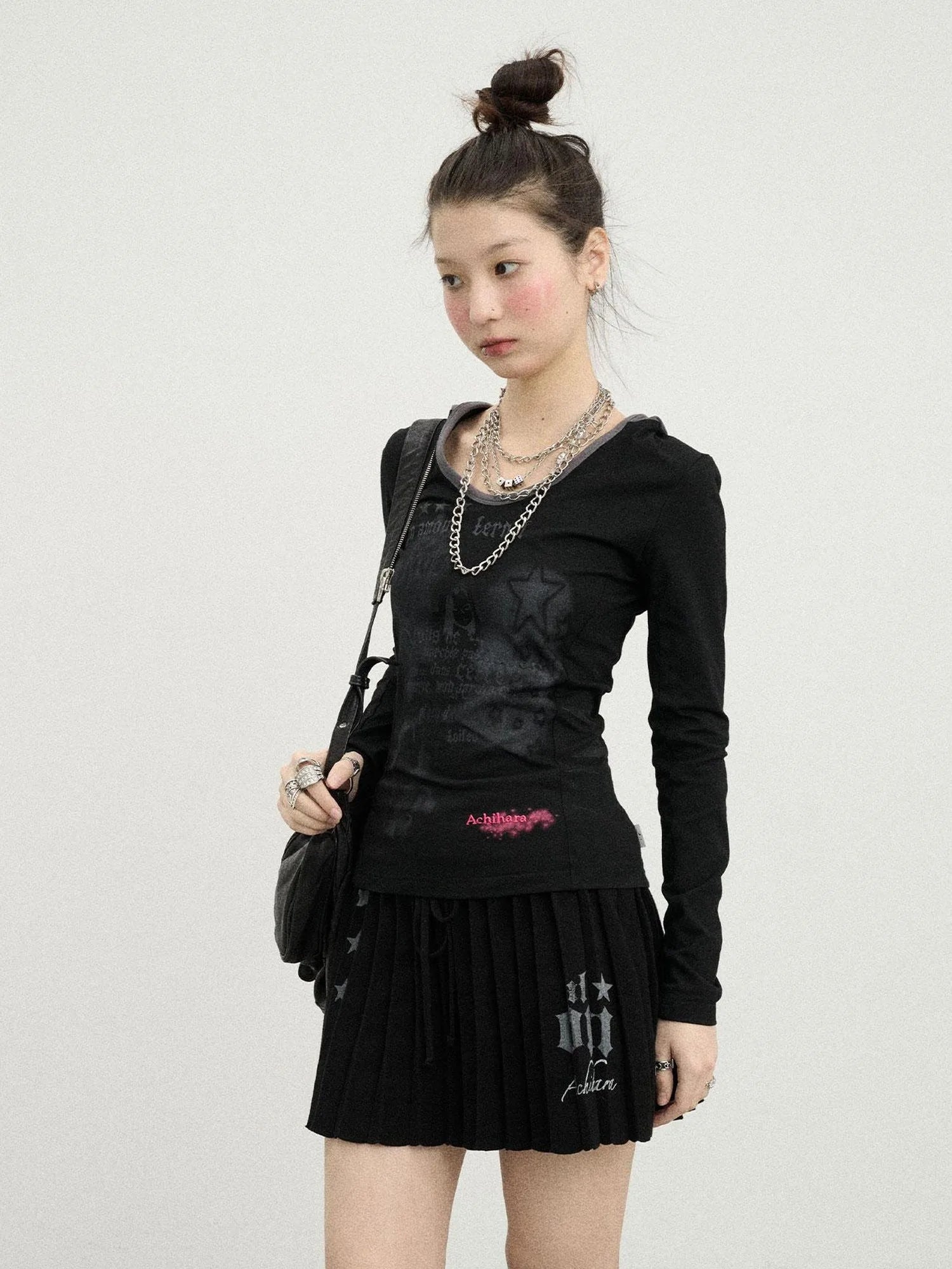 Starry Rain Hooded Tee V-Neck T-Shirt Long-Sleeve