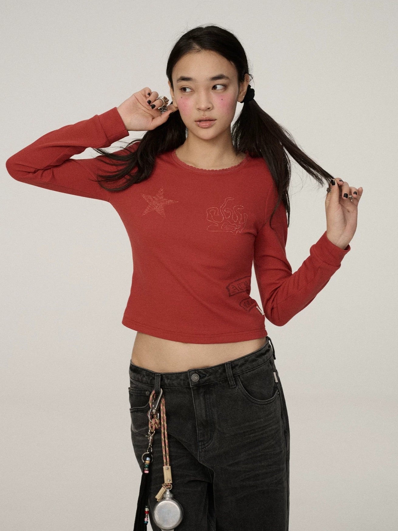 Achihara Stretch Commuter Straight Crop Long Sleeve Crew Neck Women Polyester T-Shirt
