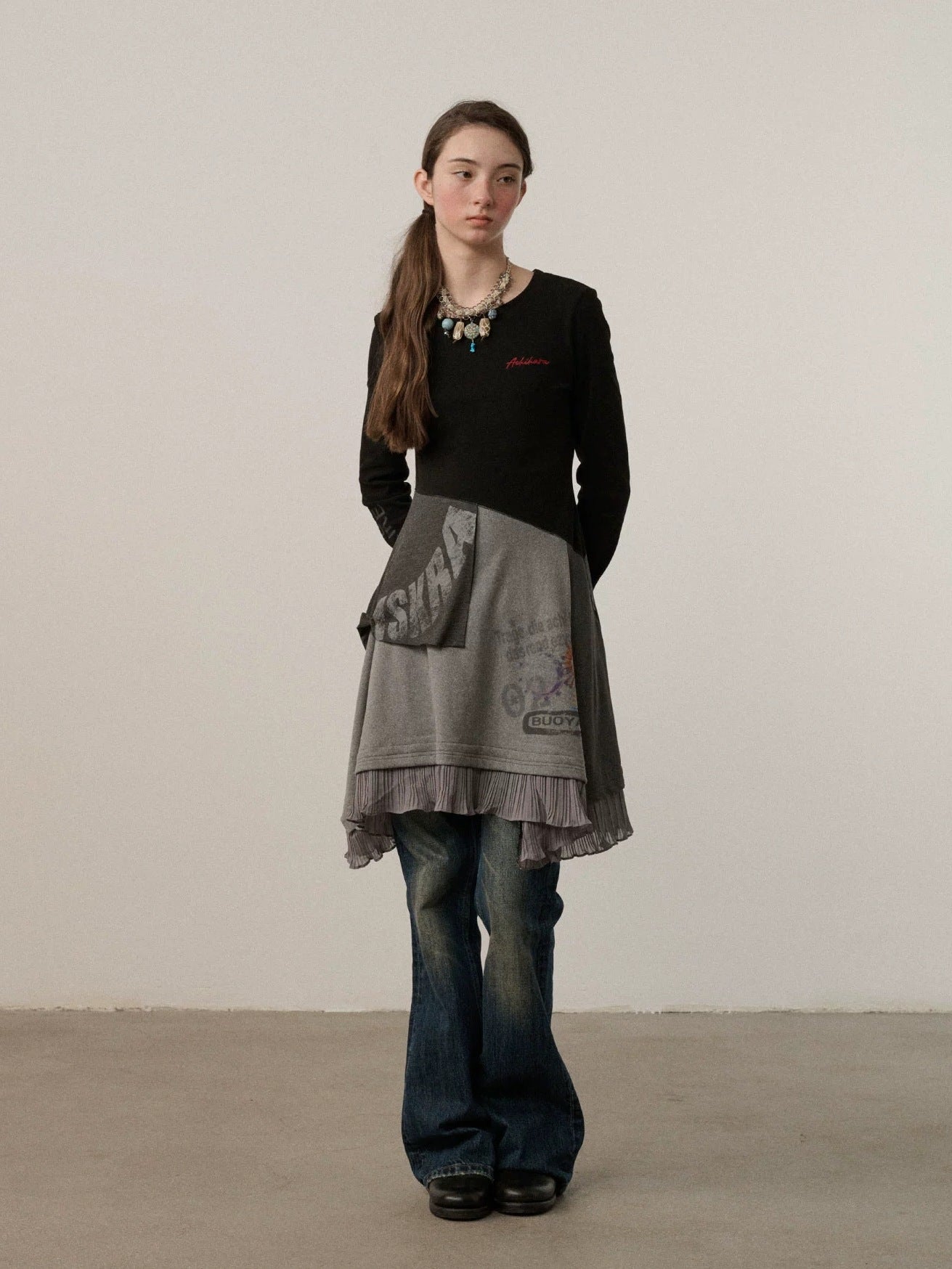 Achihara Stretch Loose Longsleeve Round Neck Spliced Women Urban Polyester Black T-Shirt