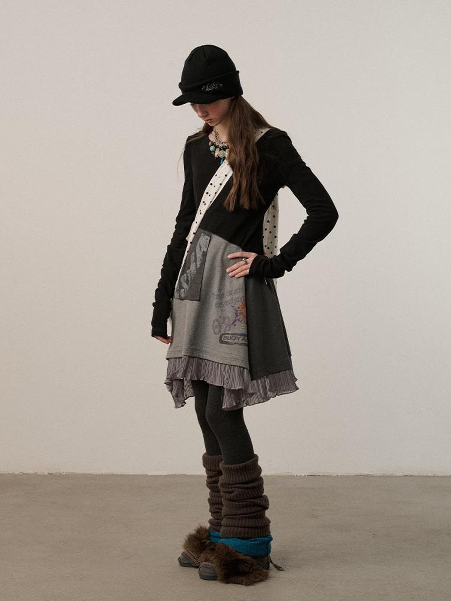 Achihara Stretch Loose Longsleeve Round Neck Spliced Women Urban Polyester Black T-Shirt