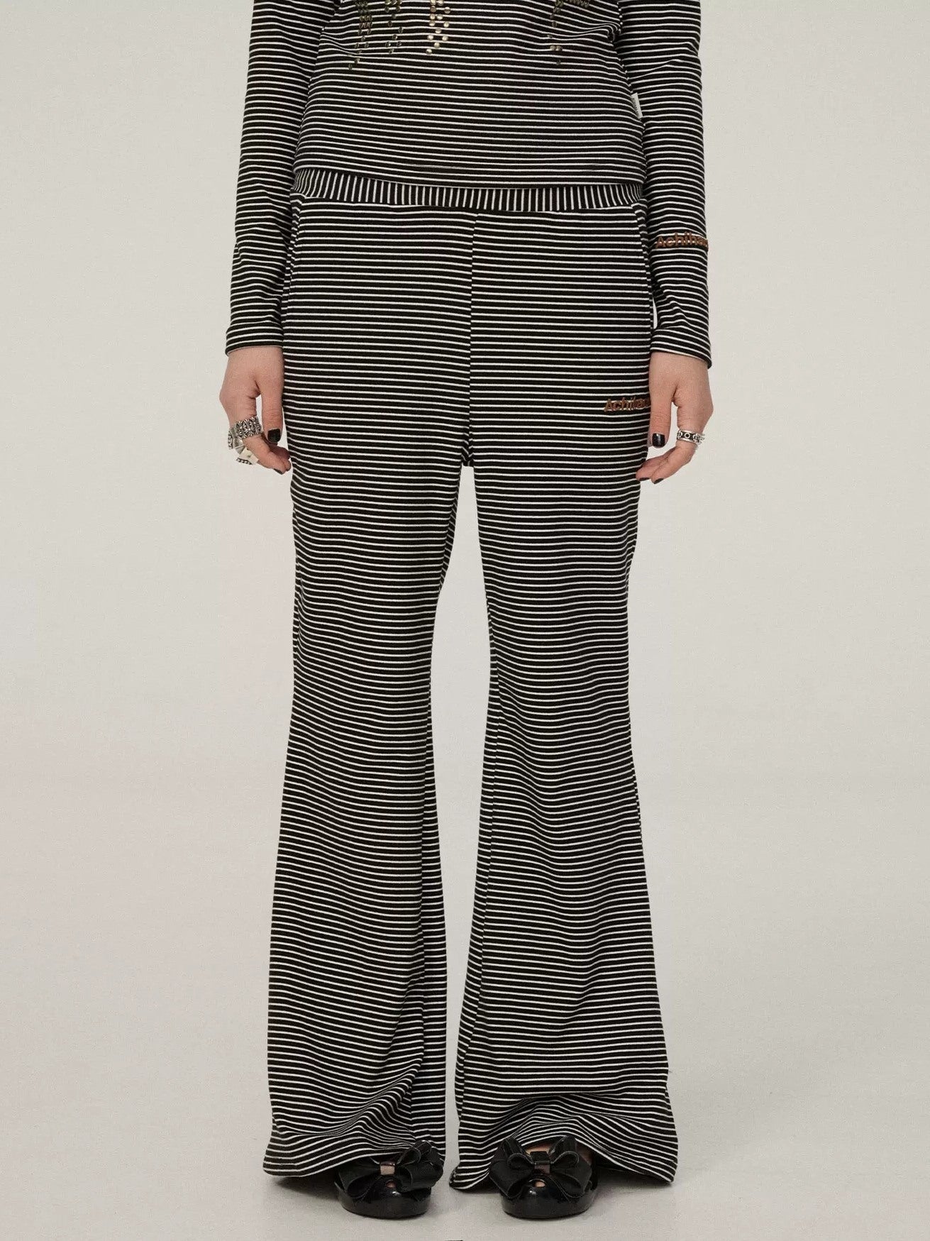 Achihara Stretch Office Straight Leg Slit Hem Women Black White Striped Pants