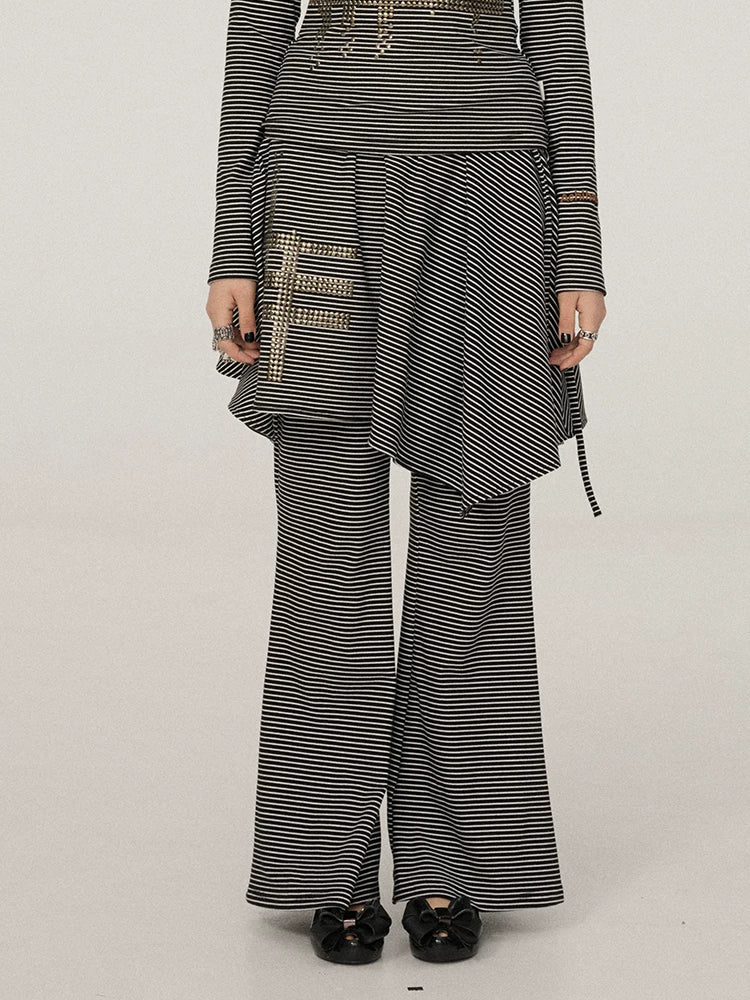 Achihara Stretch Office Straight Leg Slit Hem Women Black White Striped Pants-1