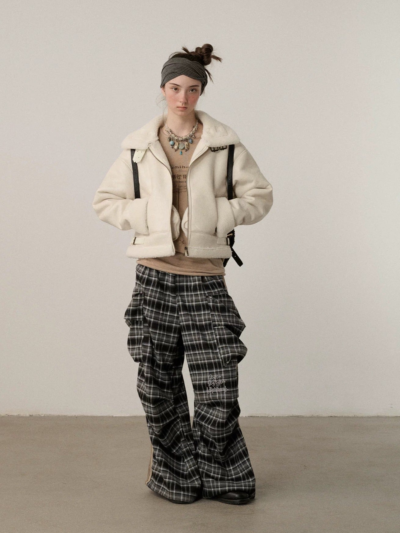 Achihara Stretch Pleated Straight Leg Plaid Mid Low Waist Polyester Women Pants