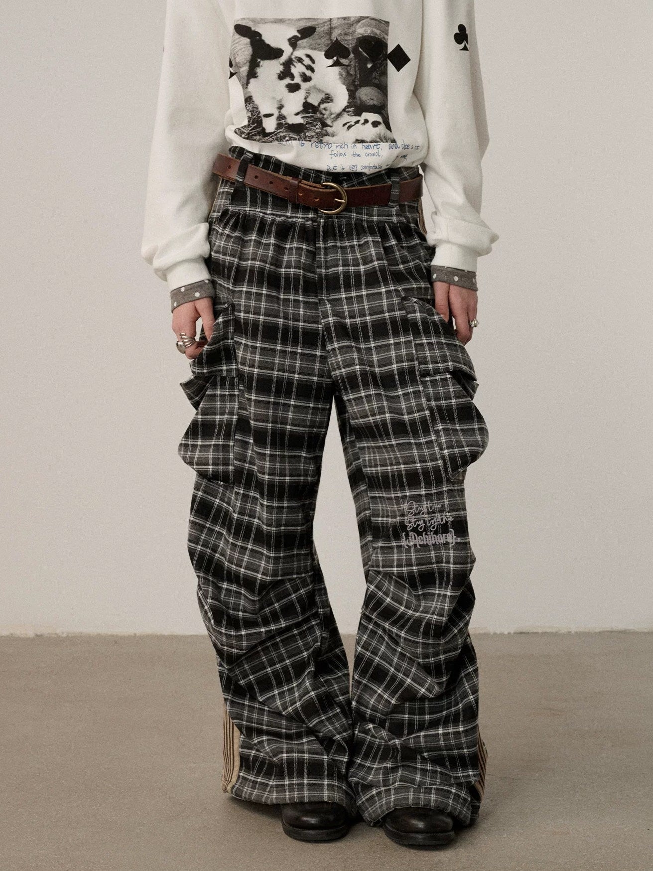 Achihara Stretch Pleated Straight Leg Plaid Mid Low Waist Polyester Women Pants