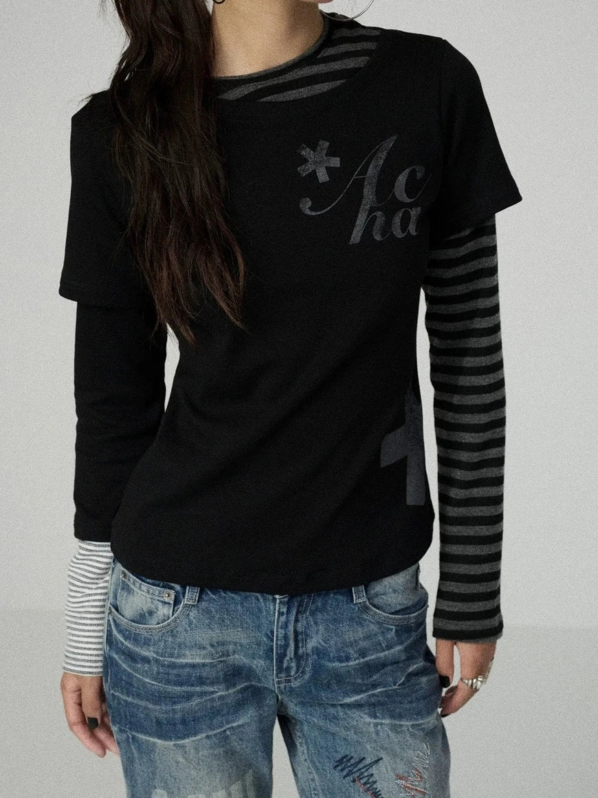 Achihara Stretchy Cotton Linen Women Commuter Long Sleeve Letter Print T-Shirt