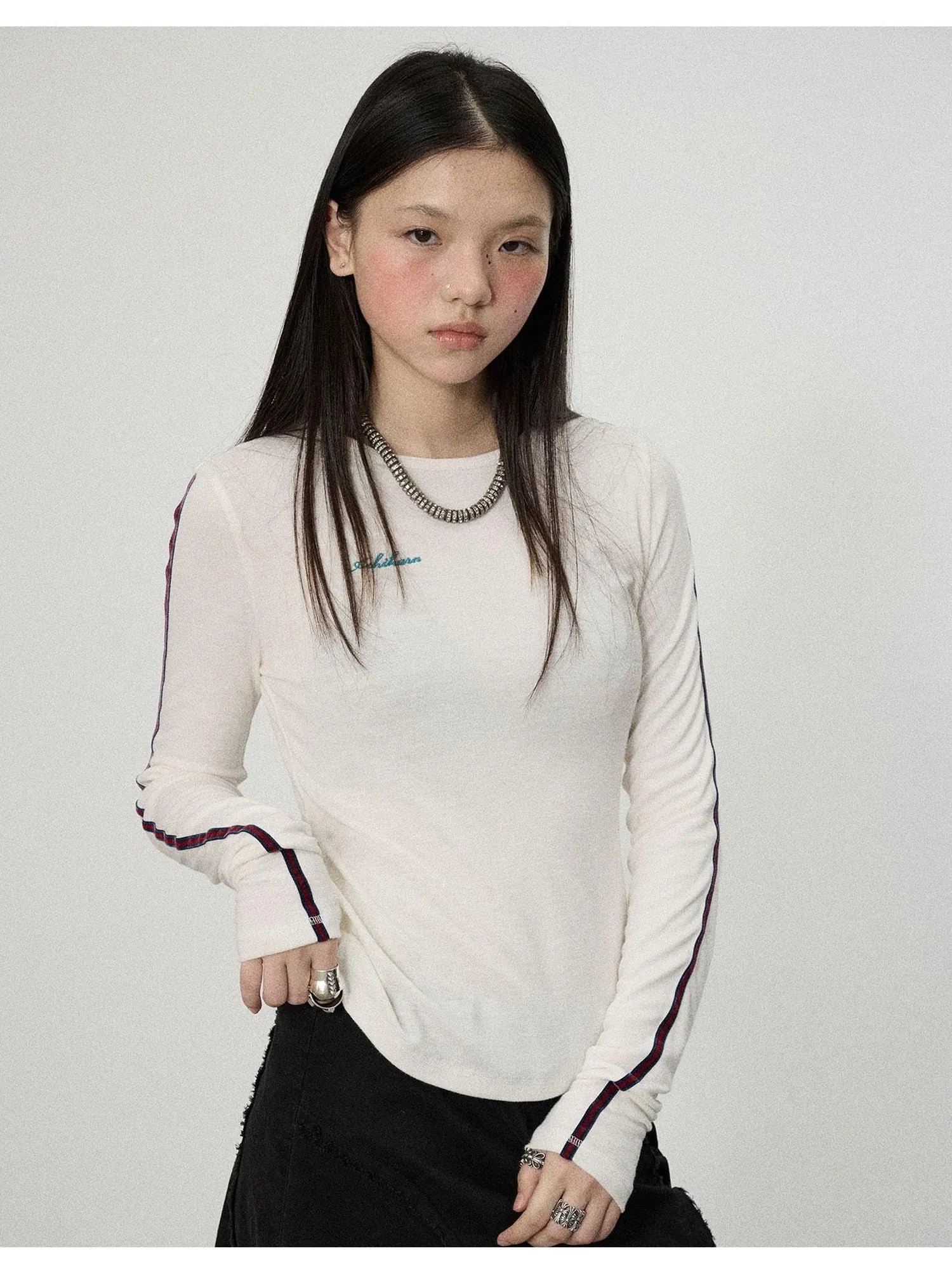 Striped Velvet Ribbed Long Sleeve V-neck Top