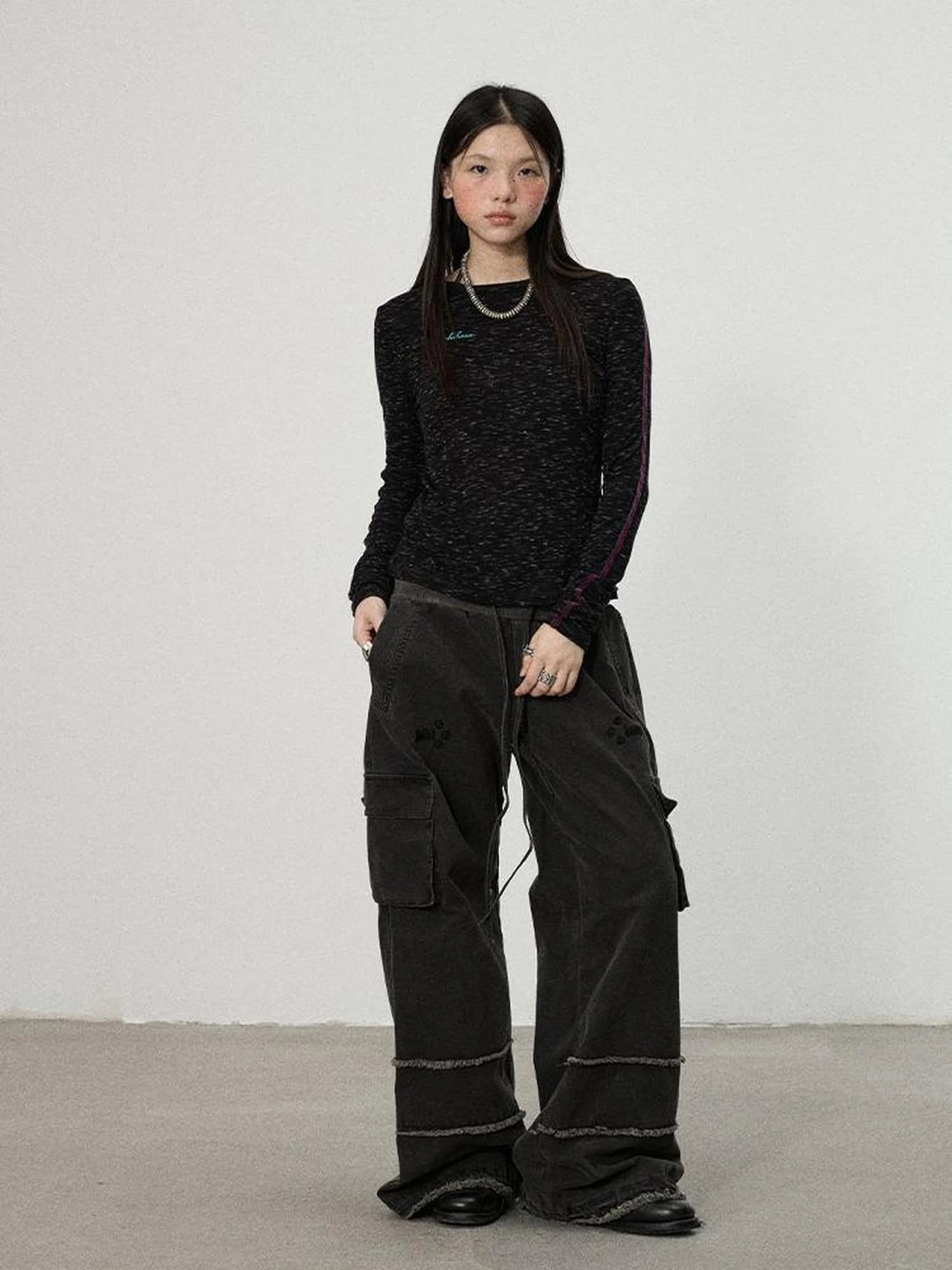 Striped Velvet Ribbed Long Sleeve V-neck Top