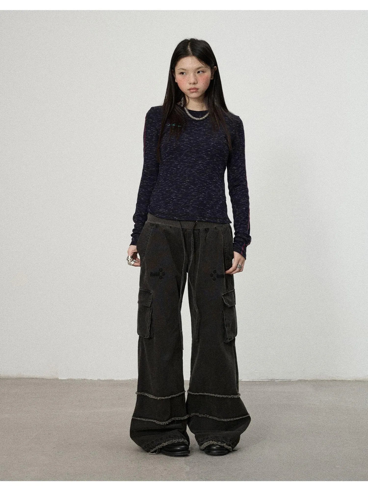 Striped Velvet Ribbed Long Sleeve V-neck Top