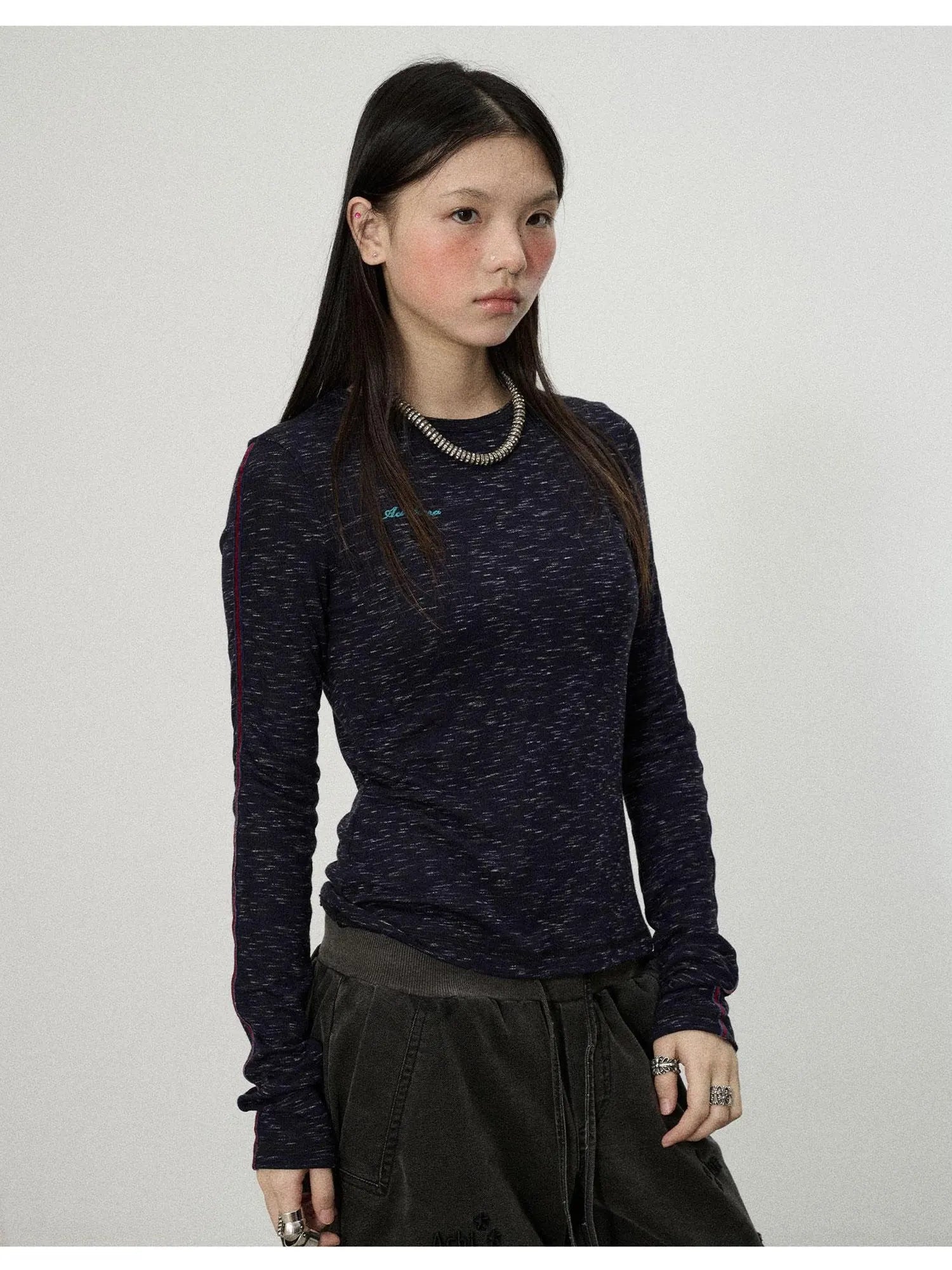 Striped Velvet Ribbed Long Sleeve V-neck Top