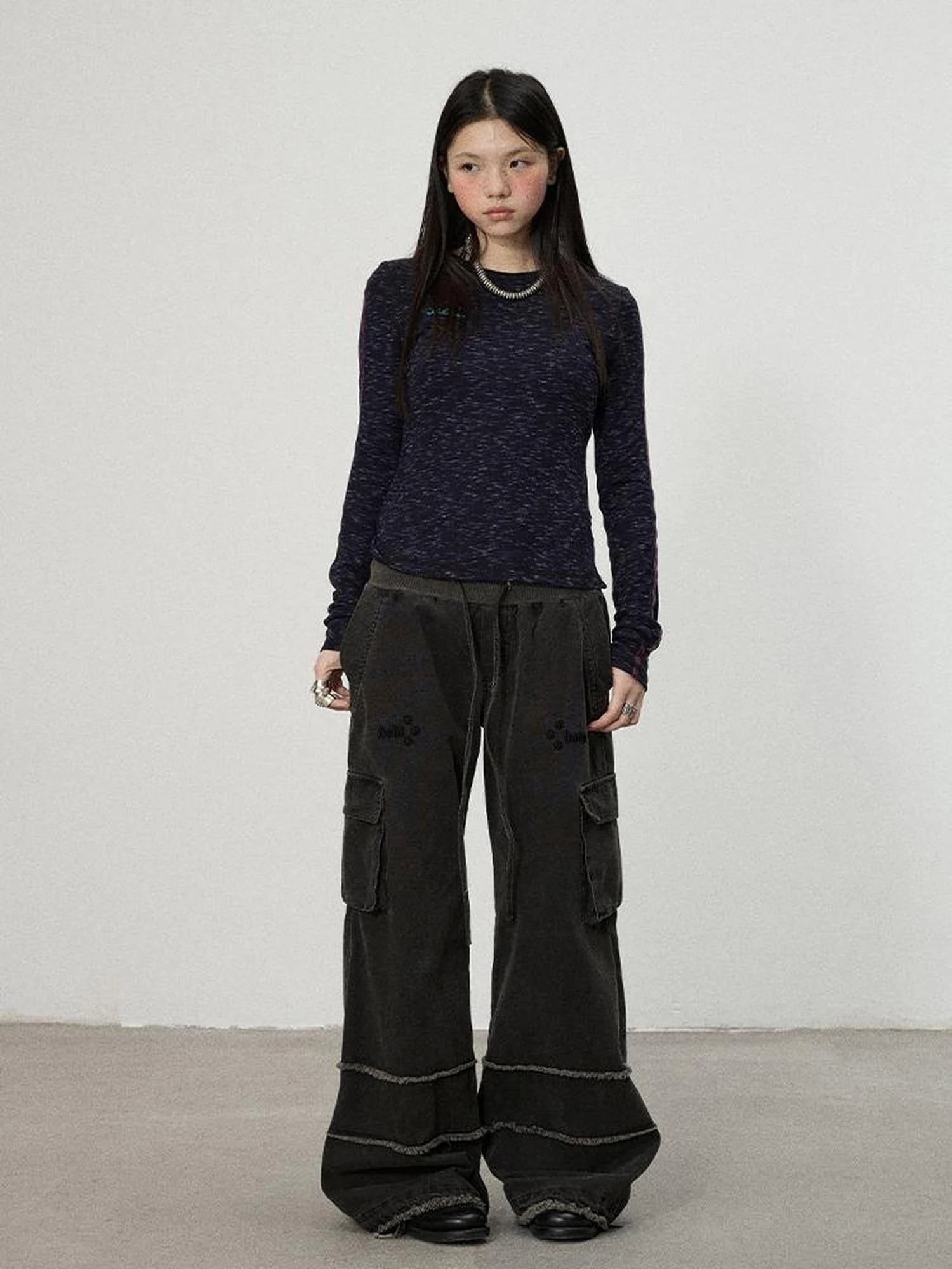 Striped Velvet Ribbed Long Sleeve V-neck Top