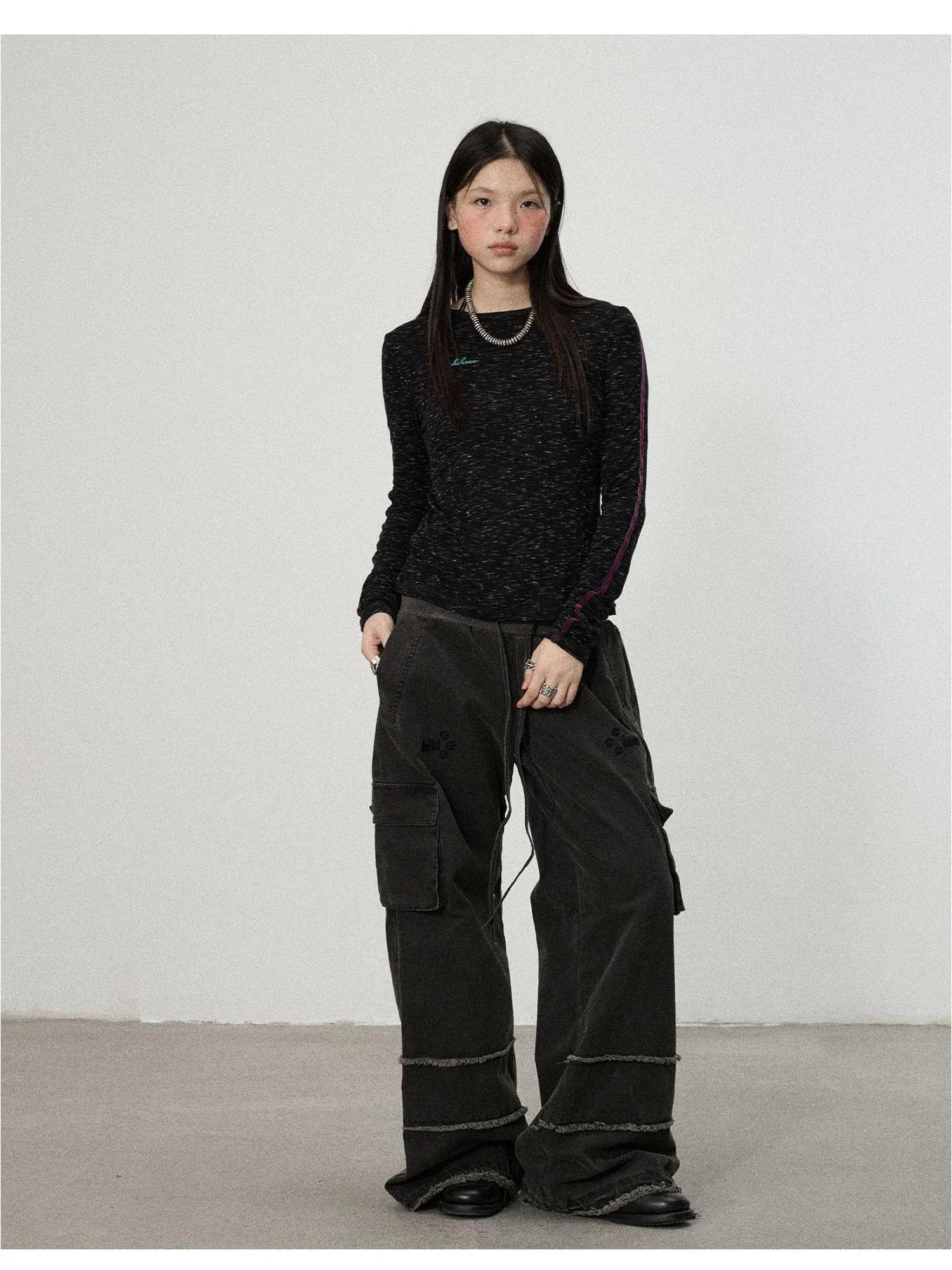 Striped Velvet Ribbed Long Sleeve V-neck Top