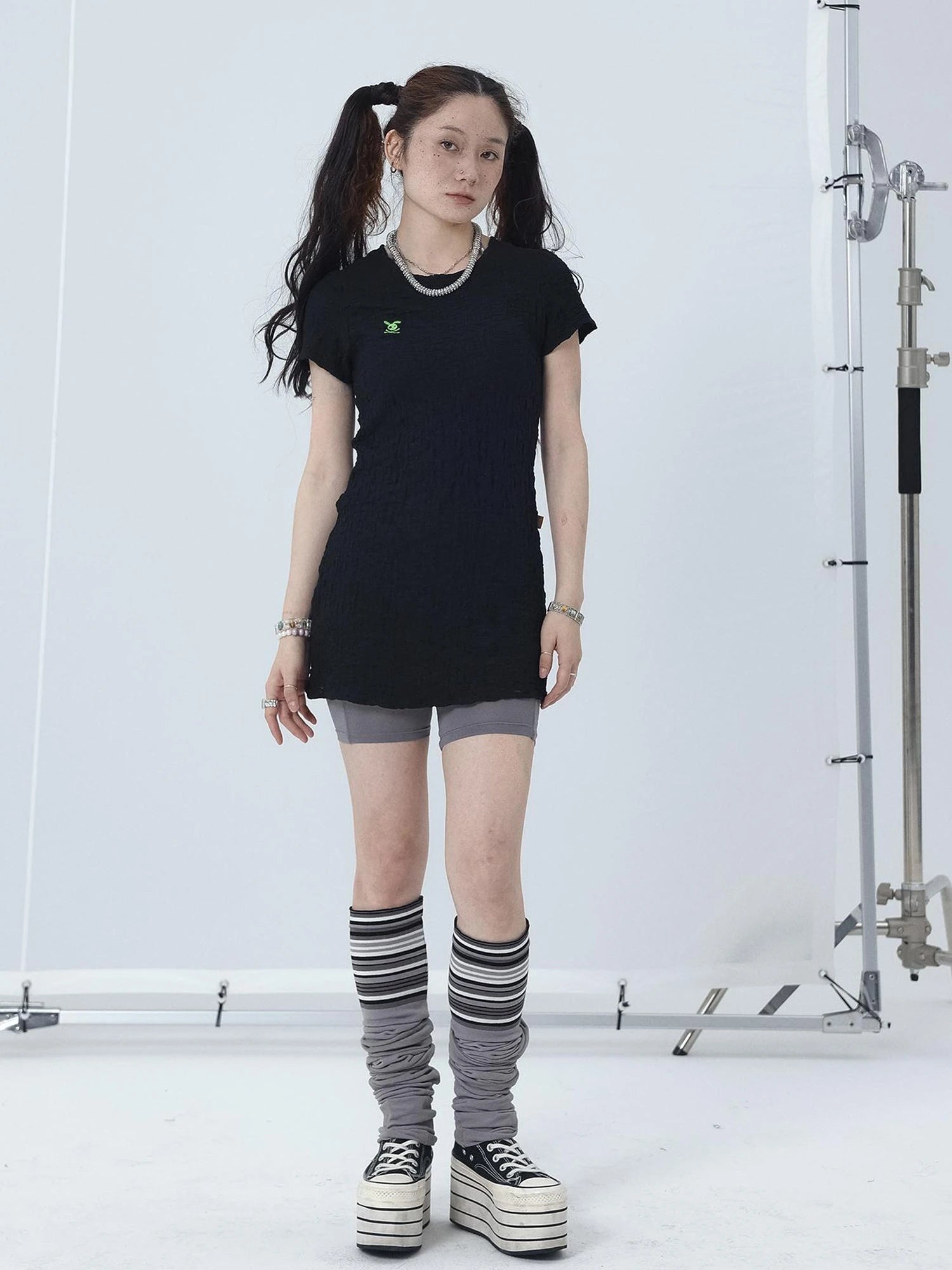 Summer Black Cropped Bubble Sleeve T-shirt Round Neck Top